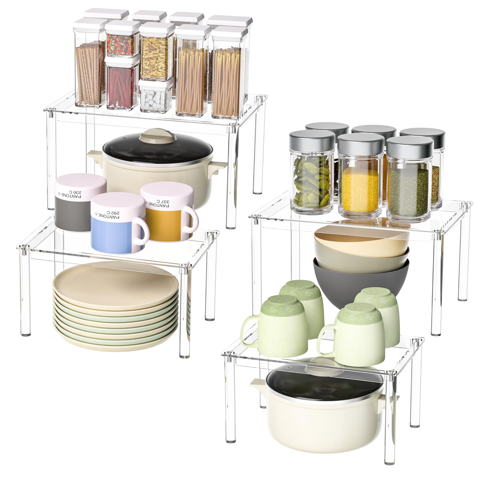 Sezanrpt Acrylic Cabinet Organizer Shelf Set of 4, Clear Kitchen Counter Shelves Spice Rack, Pantry Kitchen Storage, Stackable, 