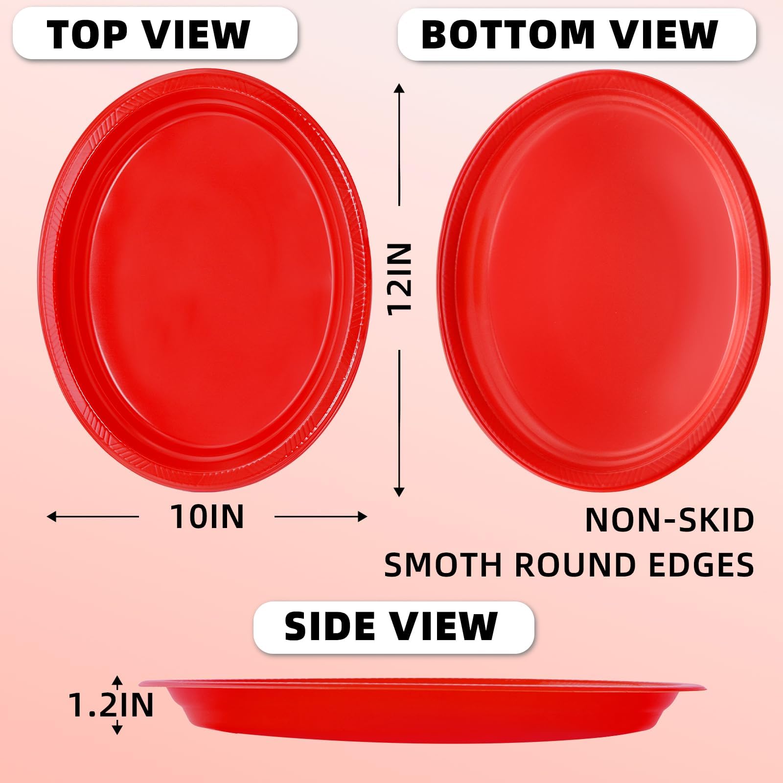 Bonsiny 50 Count Red Plates Disposable Heavy Duty 10'' X 12'' Oval Plastic Party Plates - Red Plastic Plates For Party Birthday
