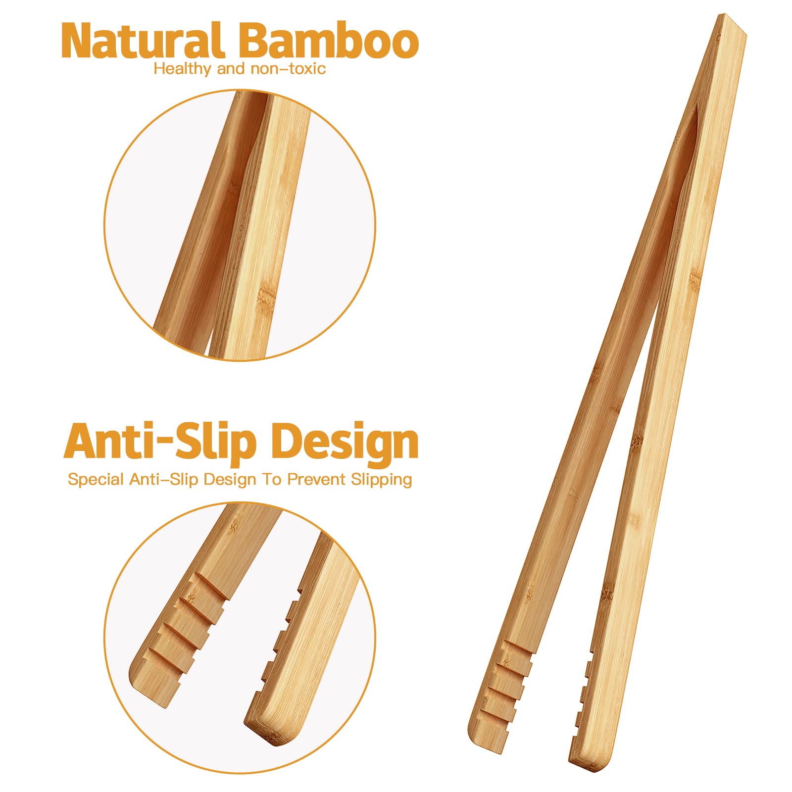 Dujen 2 Pieces Bamboo Toast Tongs, 10.2 Inches Long Wood Toaster Tongs With Anti-Slip Design, Tongs For Cooking With Cooking Oil