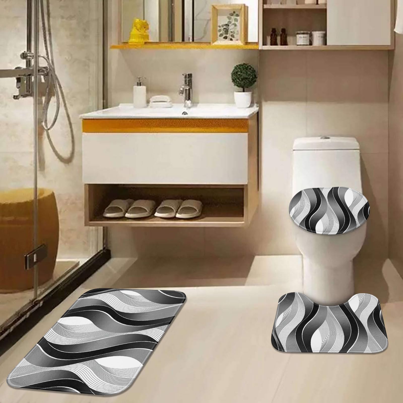 Tayney Grey Black Wavy Line Shower Curtain Set With Toilet Lid Cover And Non-Slip Rugs For Bathroom, Abstract Stripes 4 Pcs Show