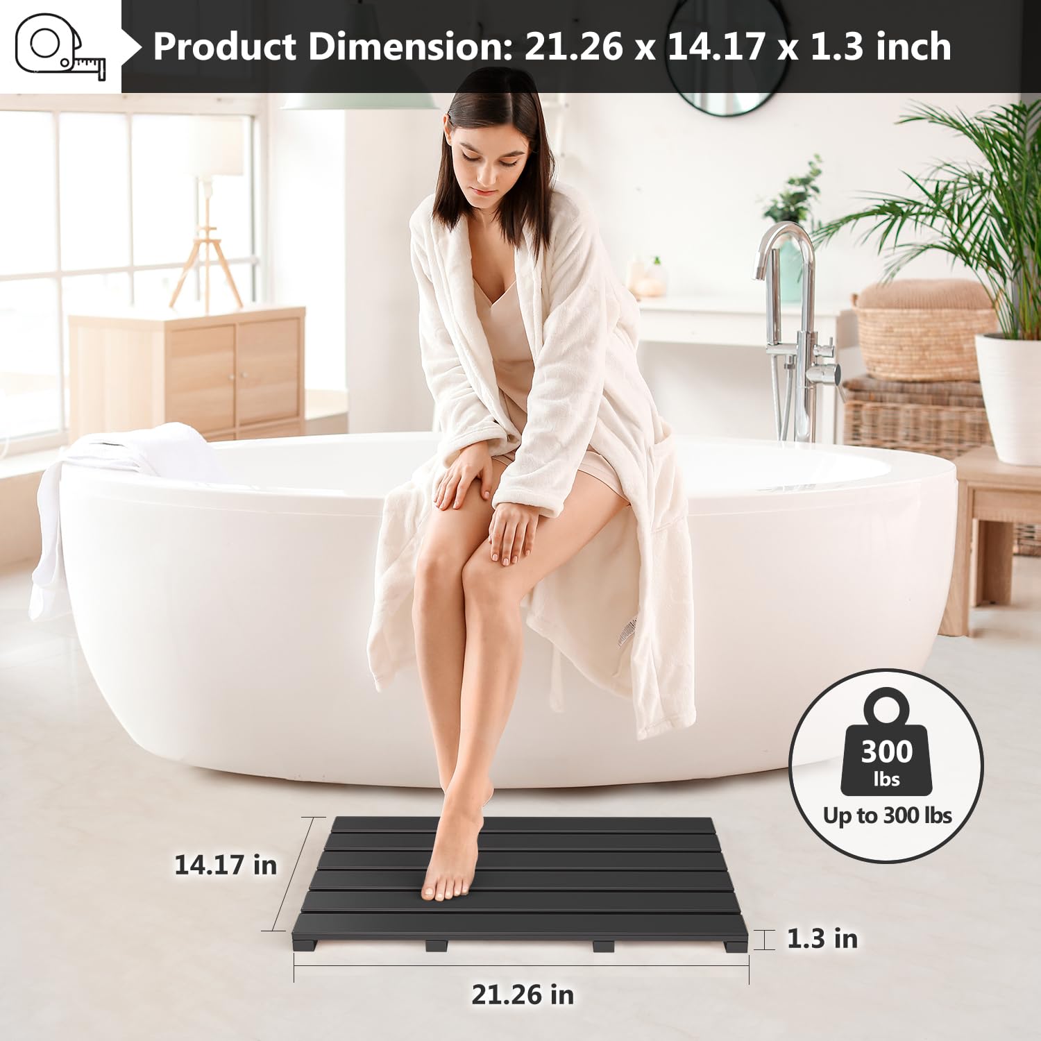 Domax Wooden Bamboo Bath Shower Mat- Non-Slip Waterproof Large Bathroom Floor Mat For Indoor Outdoor (Black, 21.26 X 14.17 X 1.3