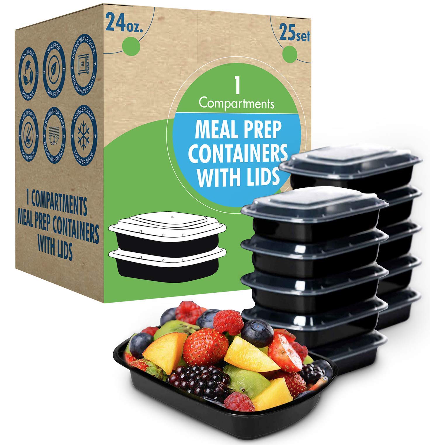 SafeWare Meal Prep Container Reusable with Lids [25 Set] 24oz. Ideal-Food Prep Containers, Food Storage Bento Box, Portion Contr
