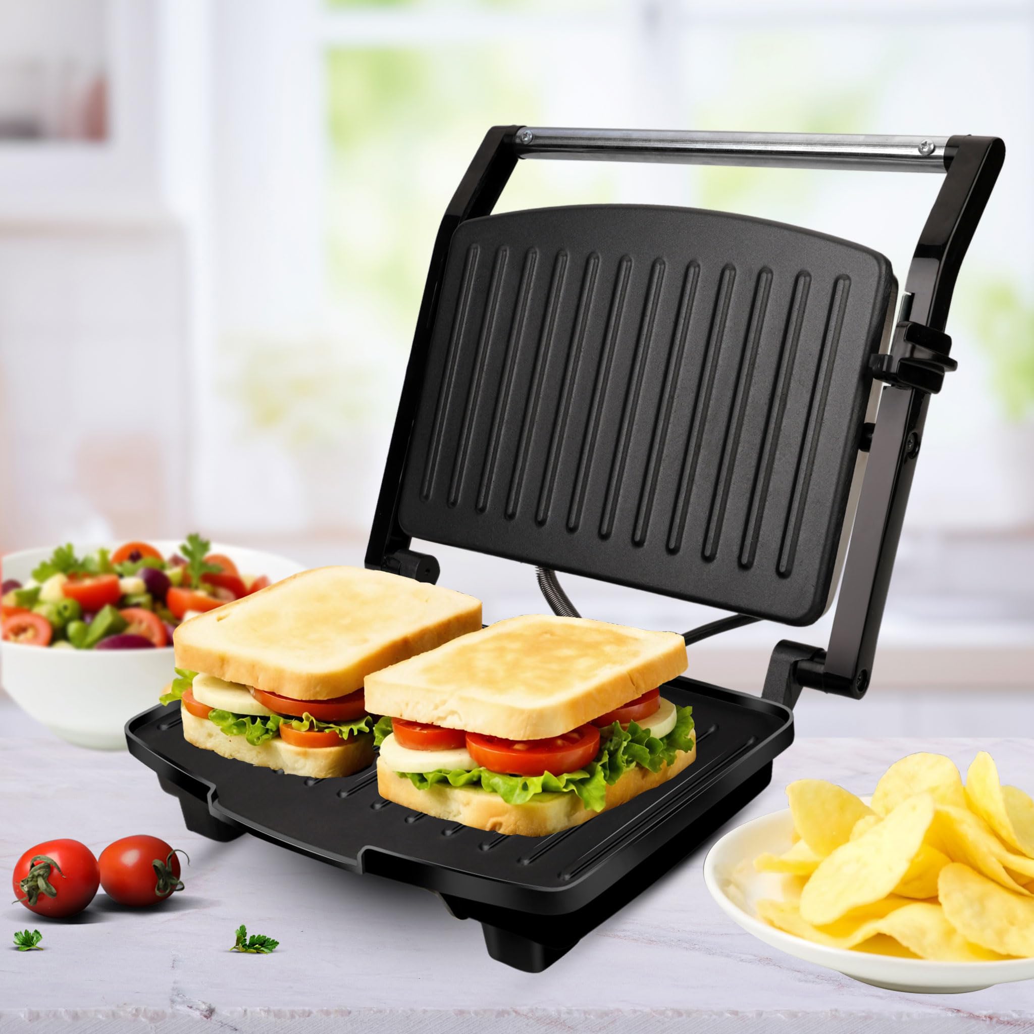 Agaro Royal Grill Sandwich Maker, Non Stick Coated Grill Plates, Stainless Steel Body, Oil Collector Tray, 1000W, 90 Degrees Flo