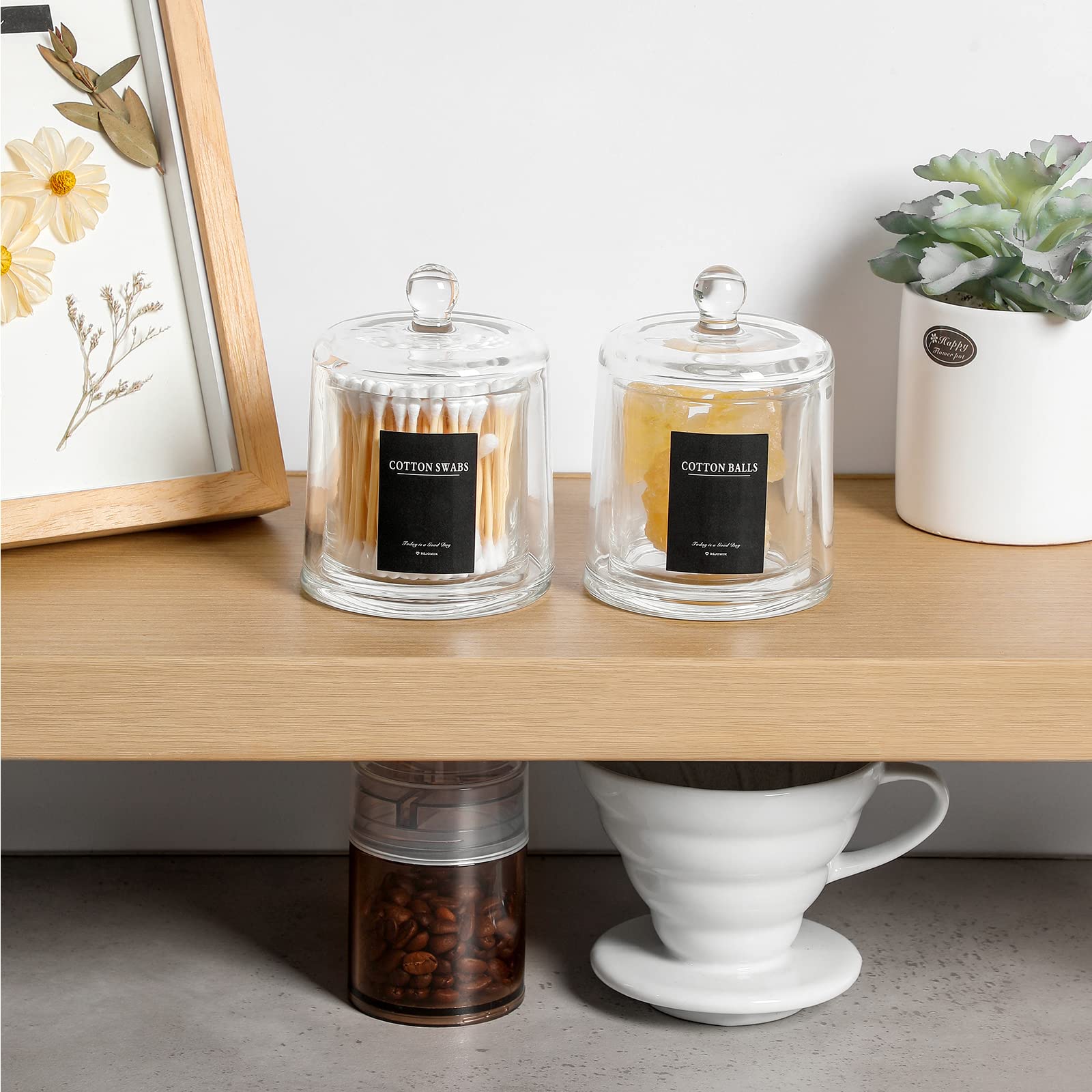 Rejomiik Qtip Holder Thick Glass Apothecary Jars With Lid For Bathroom Accessories Vanity Organizers And Makeup Storage For Cott