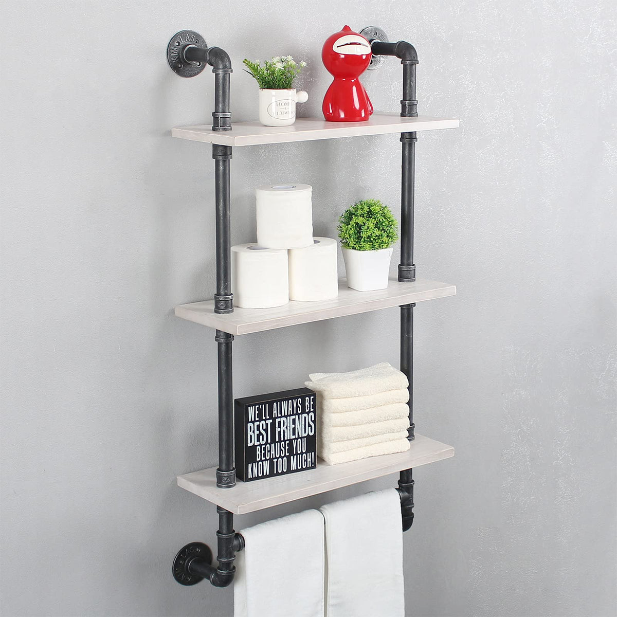 Mbqq Industrial Pipe Shelf Bathroom Shelves Wall Mounted,19.6In Rustic Wood Shelf With Towel Bar,3 Tier Farmhouse Towel Rack Ove