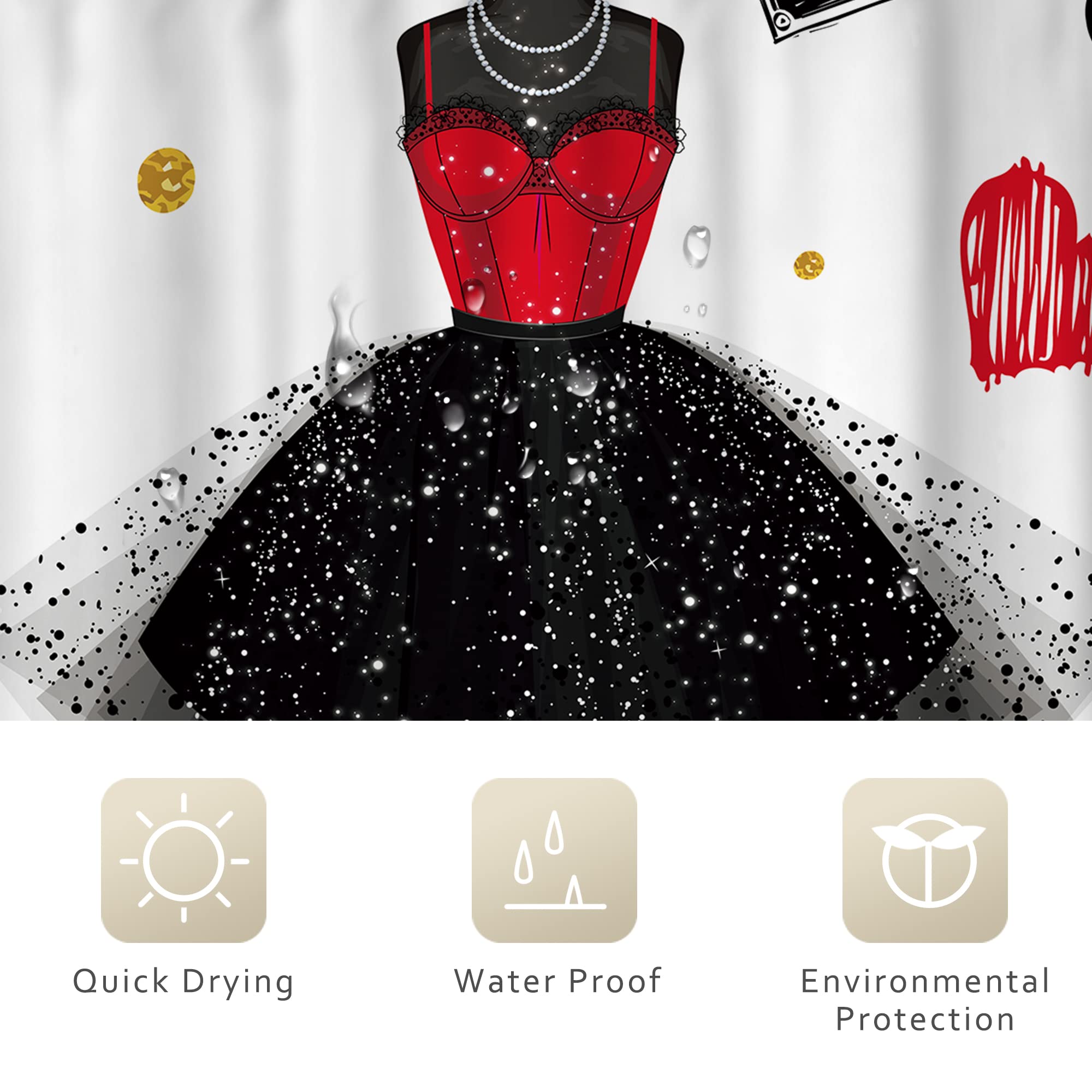 Riyidecor Girly Dresses Fashion Shower Curtain 60Wx72H Inch Women Black and Red Skirt Perfume Bottles Paris Tower Modern Bathroom Decor Fabric Polyester Waterproof 12 Pack Hooks