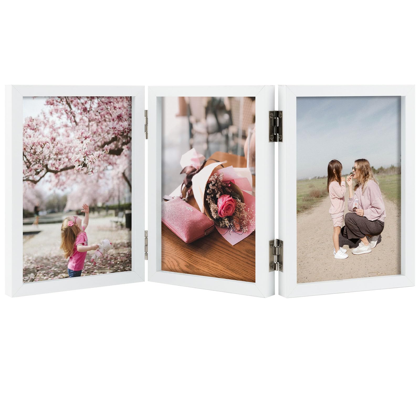4x6 Triple Hinged Frames, 3 Folding Picture Frame, Triptych Photo Frame, Stand Vertically on Desktop or Tabletop, White