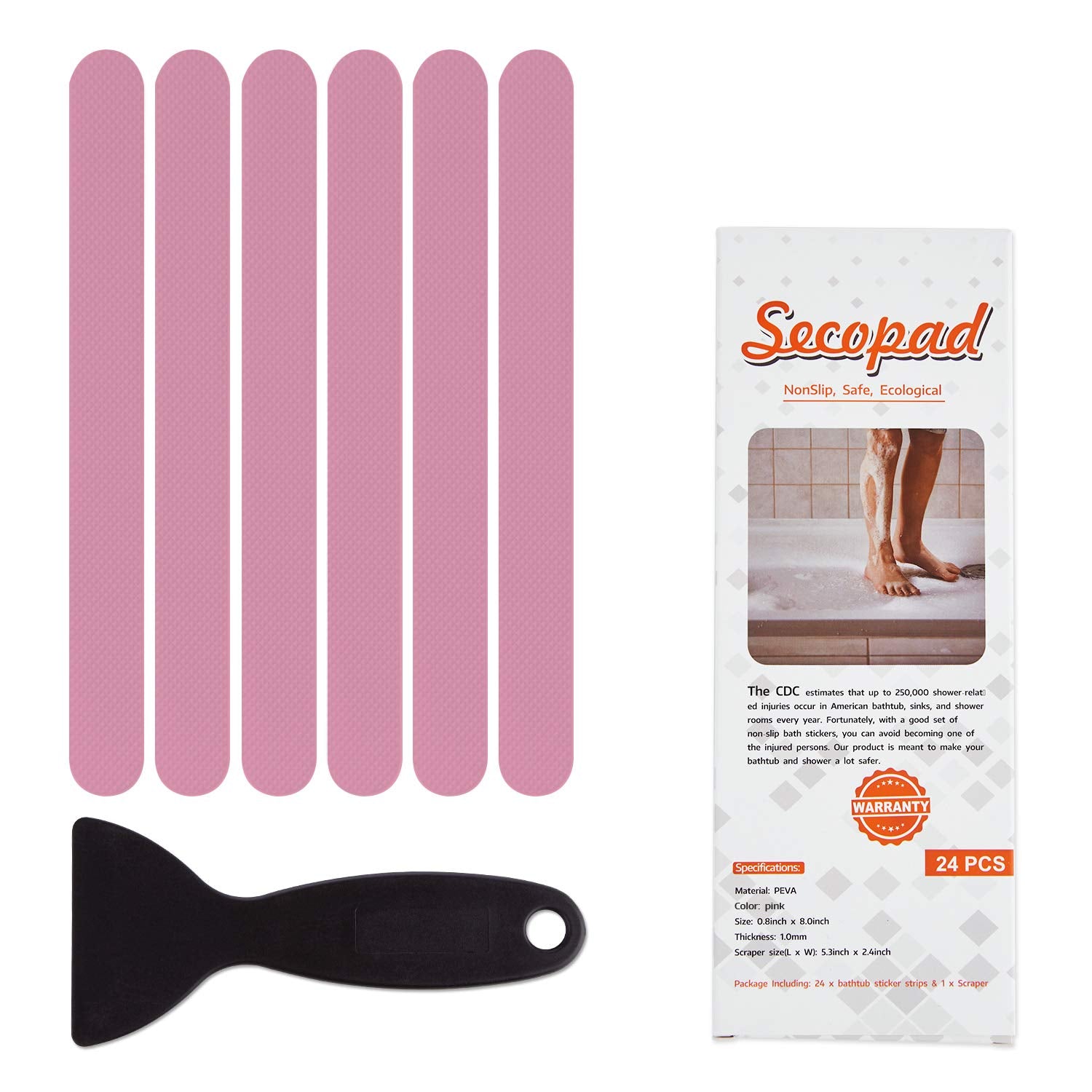 Secopad Non-Slip Bathtub Stickers Safety Bathroom Tubs Showers Treads Adhesive Decals Scraper (Pink)