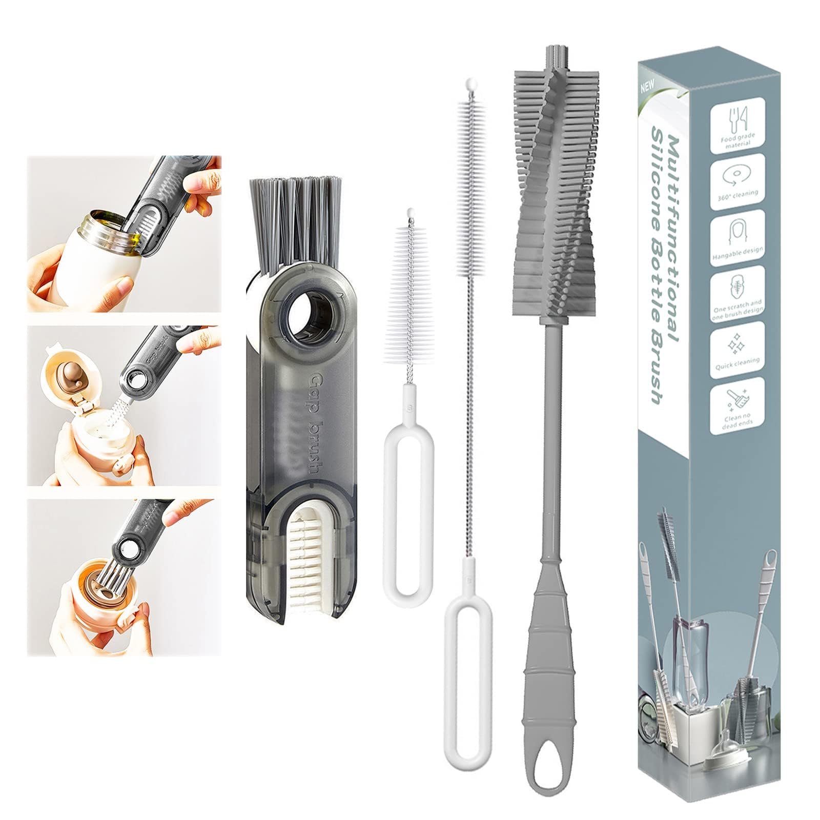 Water Bottle Cleaner Brush Set, Meritpick 3 In 1 Multipurpose Bottle Gap Cleaner Brush & Long Handle Silicone Bottle Brush & Str