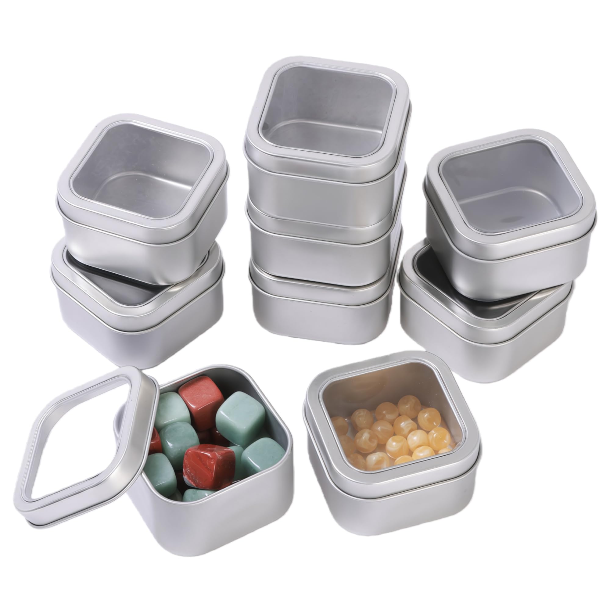 Ljy Empty 4-Ounce Square Silver Metal Tins With Clear Window For Candle Making, Candies, Gifts & Treasures (9 Pack)