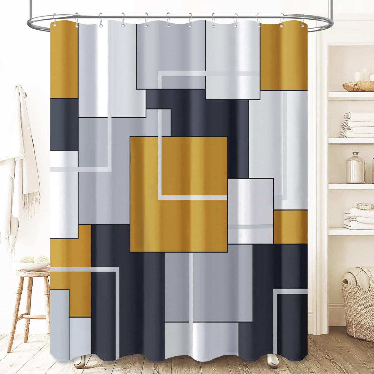 Bttn Gold Fabric Shower Curtain - Geometric Shower Curtain Set With 12 Plastic Hooks, Water Repellent, Machine Washable, Modern