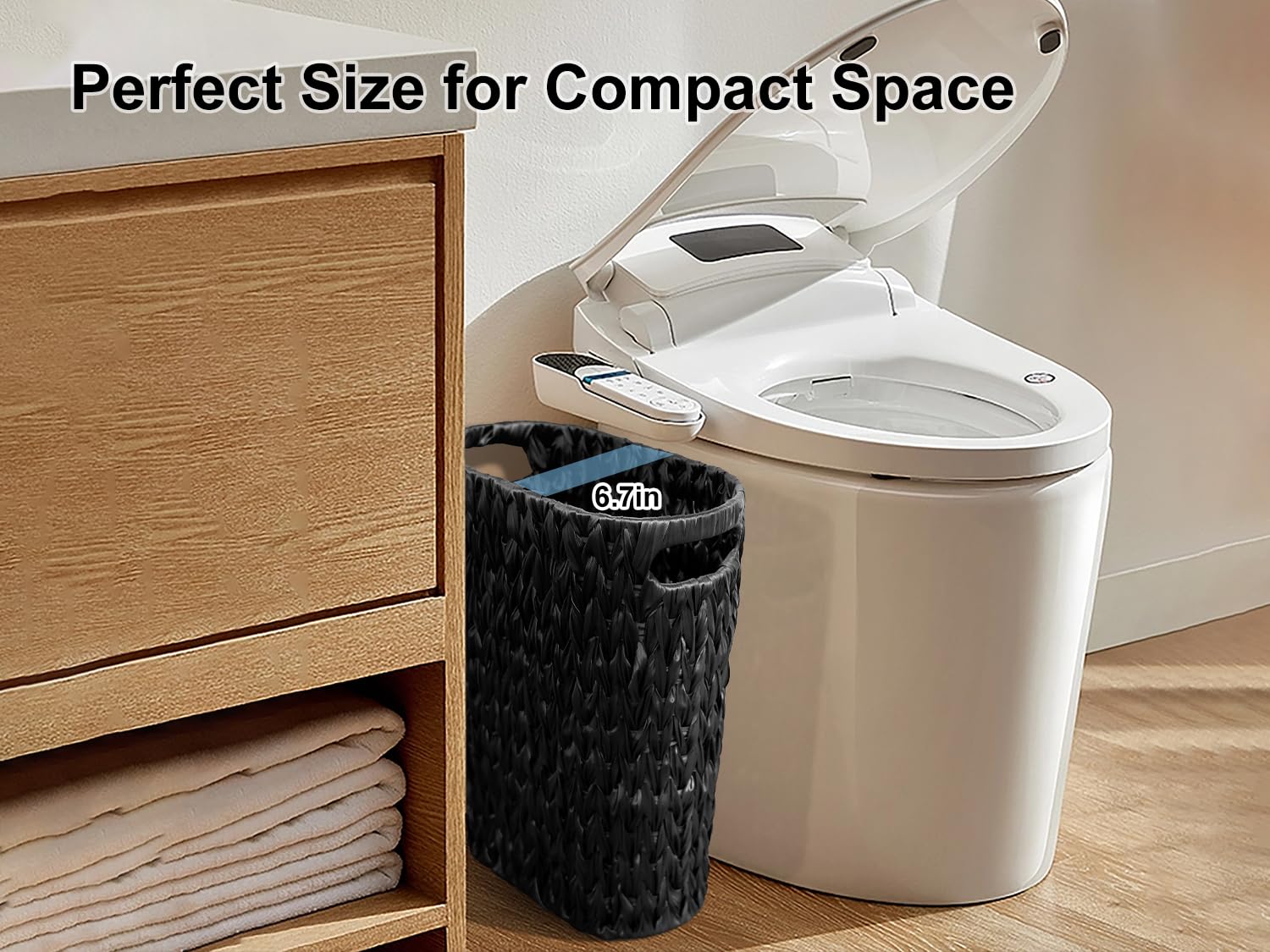 Coeusy 5 Gallon Wicker Trash Can,Black Bathroom Trash Can,Wicker Trash Basket With Handles,Handwoven Small Waste Basket For Bath