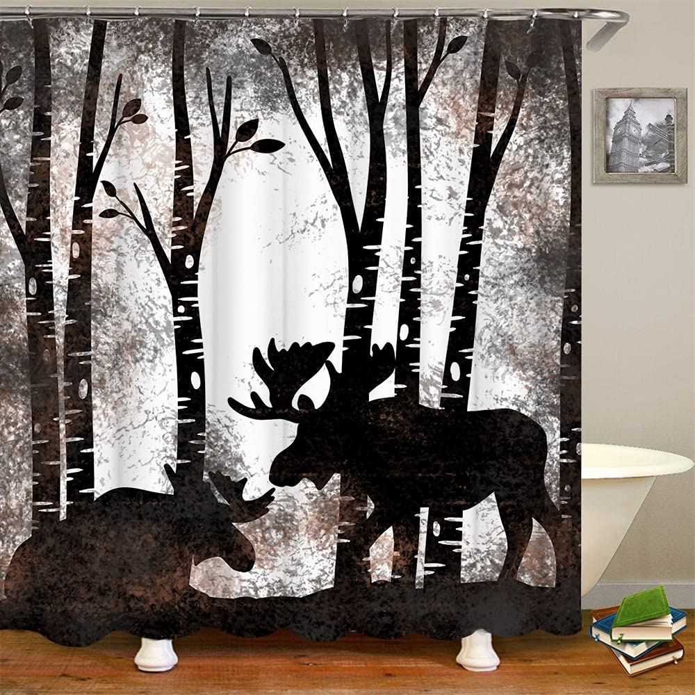 Rnnjoile Moose Shower Curtain Fabric Vintage Wild Animal In Trees Forest Silhouette Bath Curtain For Cabin Farmhouse Wildlife Ba