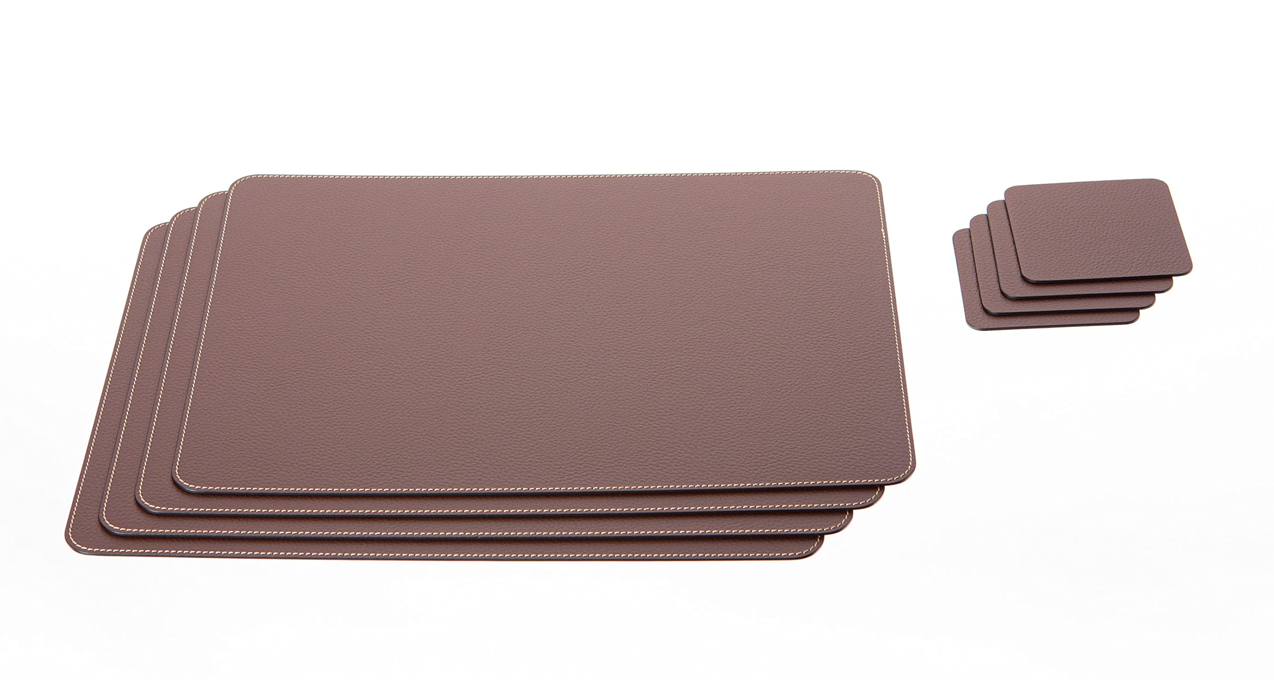 Nikalaz Set Of Small Brown Placemats And Coasters, 4 Table Mats And 4 Coasters, Recycled Leather, Place Mats 15.75'' X 11.8'' An
