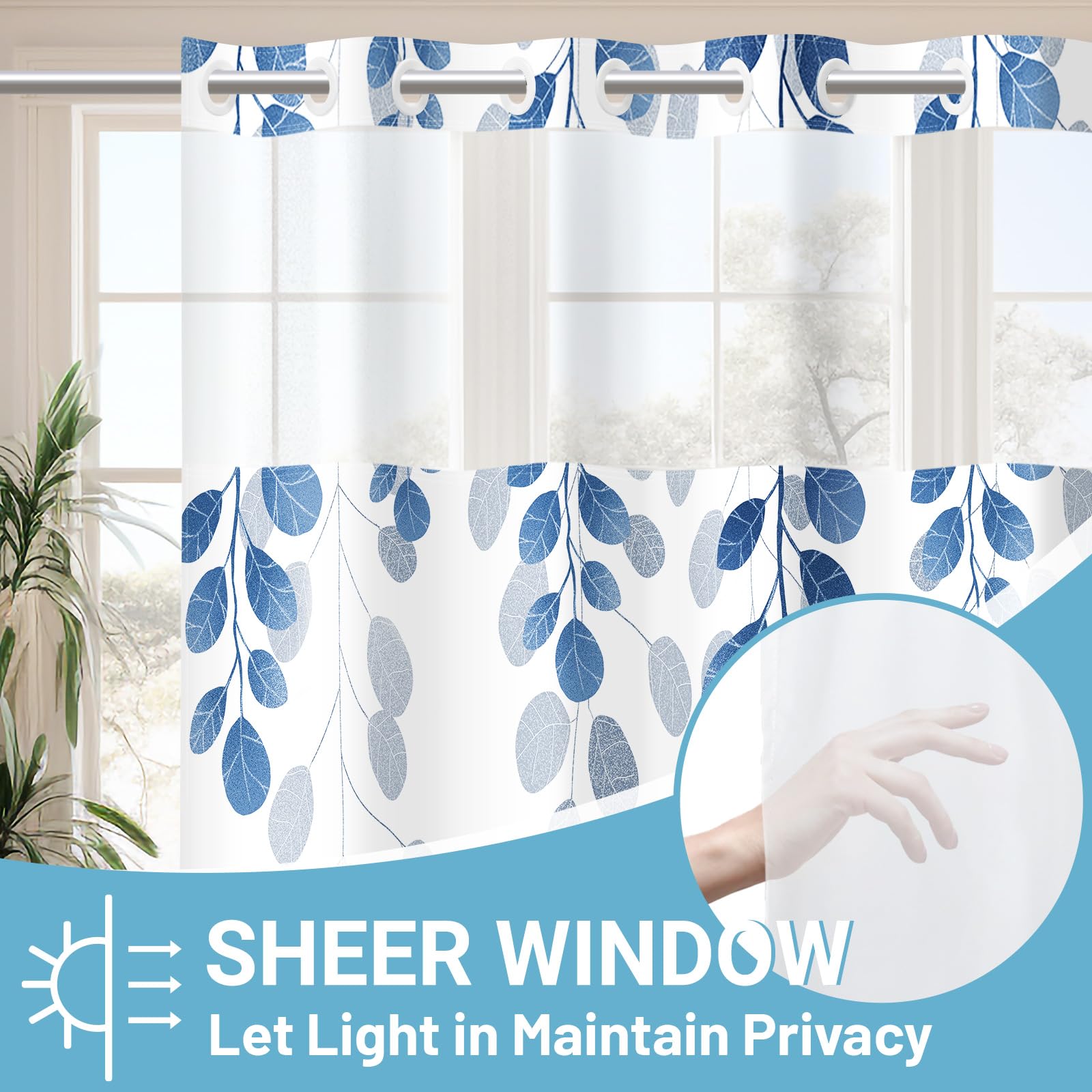 Withloc No Hook Shower Curtain With Snap In Liner - Eucalyptus Shower Curtain - Fabric Waterproof Inner Liner, Plants Blue Leave