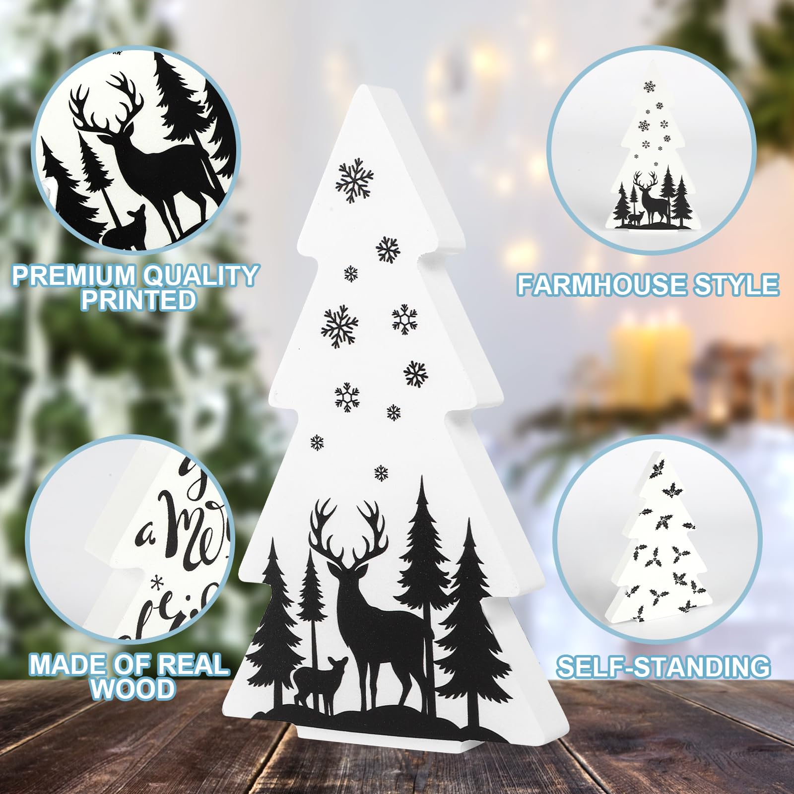 Sereliy 3 Pieces Christmas Tree Wooden Signs Black White Xmas Tiered Tray Decor for Christmas Home Tabletop Party Decor (Elk)