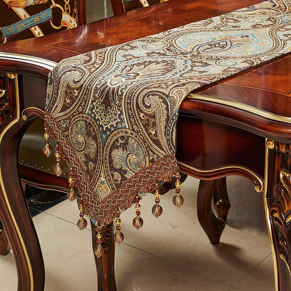 Luxury Vintage Design Table Runners 108 Inches Long Embroidery Jacquard Fabric With Multi-Tassels Table Runners For Dining Room