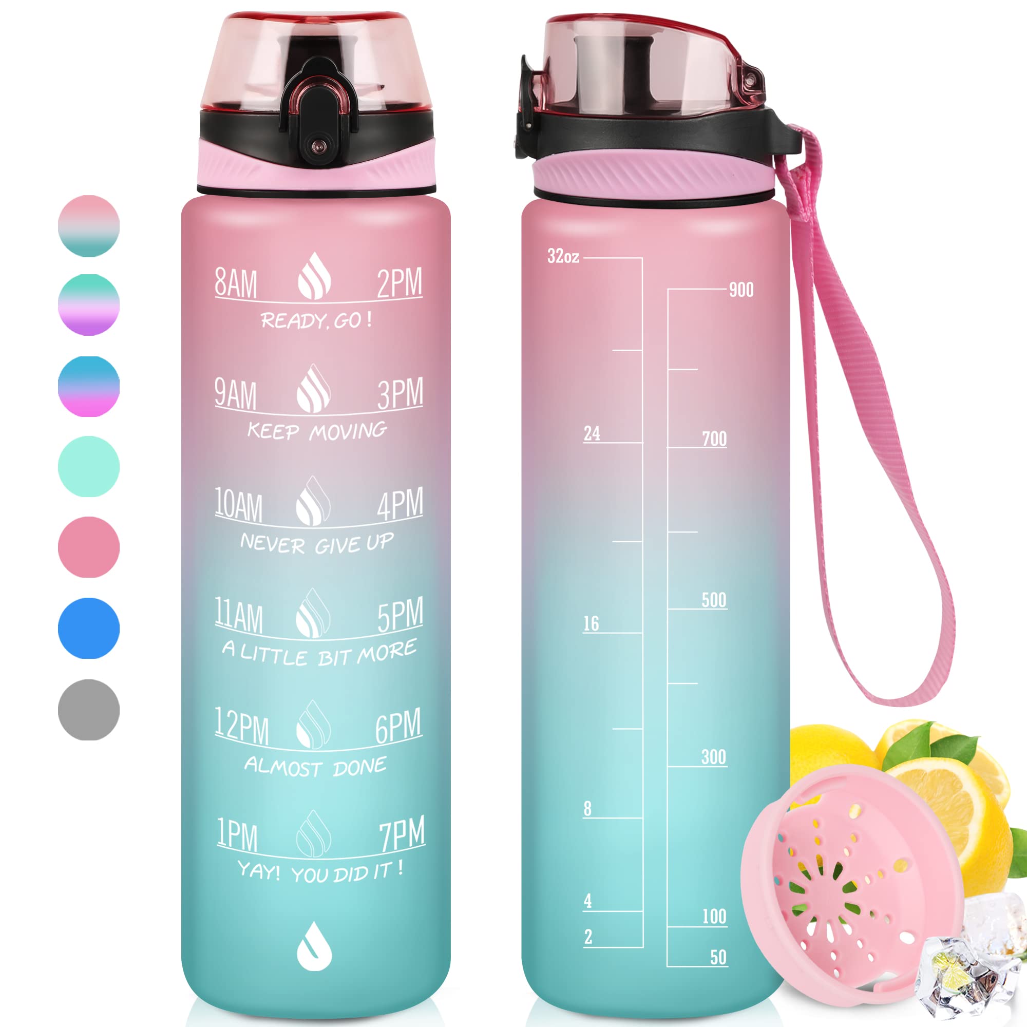 ZOMAKE 32oz Water Bottles with Time Marker & Strainer, Motivational Water Bottle with BPA Free Non-Toxic Tritan Material, Leakpr
