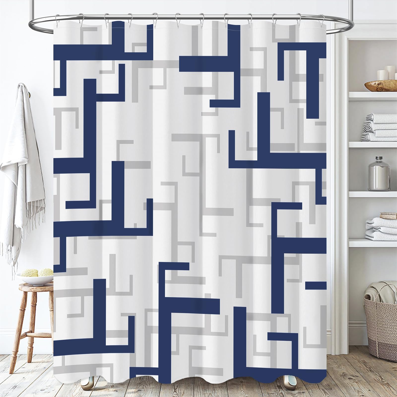 BTTN Navy Blue Shower Curtain - Modern Geometric Fabric Shower Curtain Set with 12 Plastic Hooks  Water Repellent  Machine Washable  Hotel Spa Luxury Cloth Shower Curtains for Bathroom Decor - 72x72