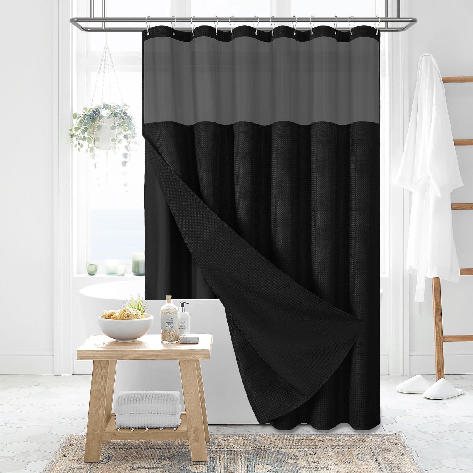 Dynamene Fabric Shower Curtain With Snap In Liner, Black Waffle Hotel Shower Curtains For Bathroom, Washable Waterproof Cloth Sh
