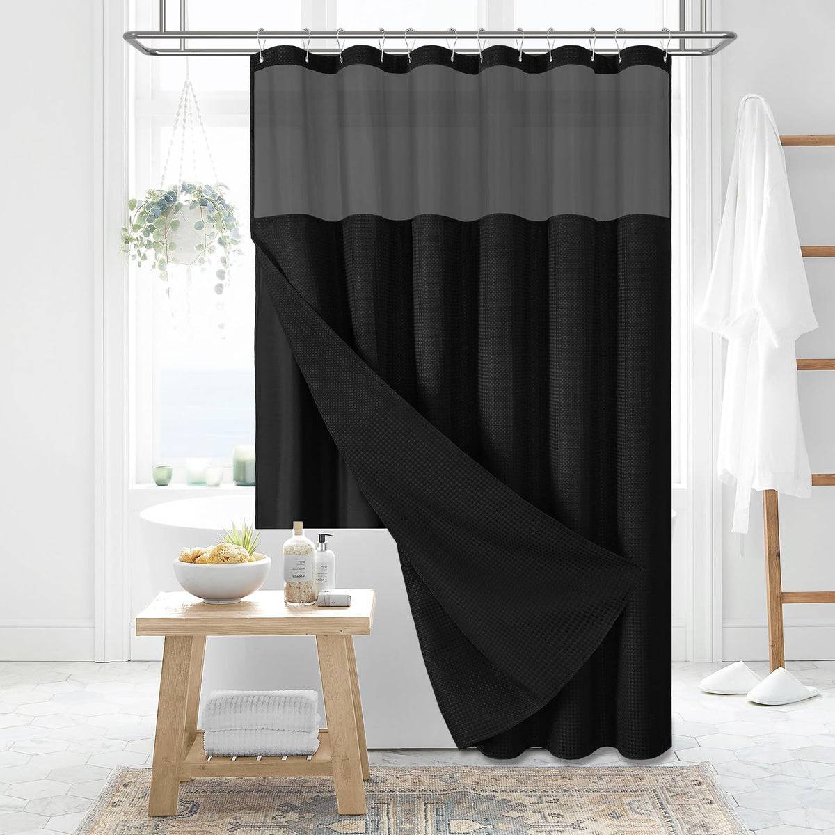 Dynamene Fabric Shower Curtain With Snap In Liner, Black Waffle Hotel Shower Curtains For Bathroom, Washable Waterproof Cloth Sh