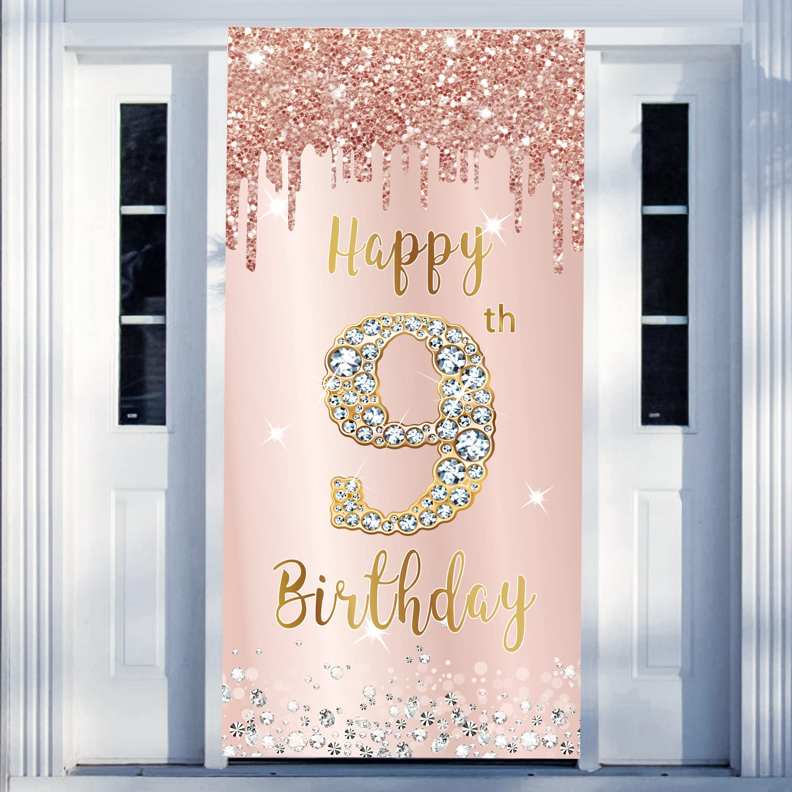 9Th Birthday Door Banner Decorations For Girls, Pink Rose Gold Happy 9Th Birthday Sign Door Cover Backdrop Party Decor, Large Ni