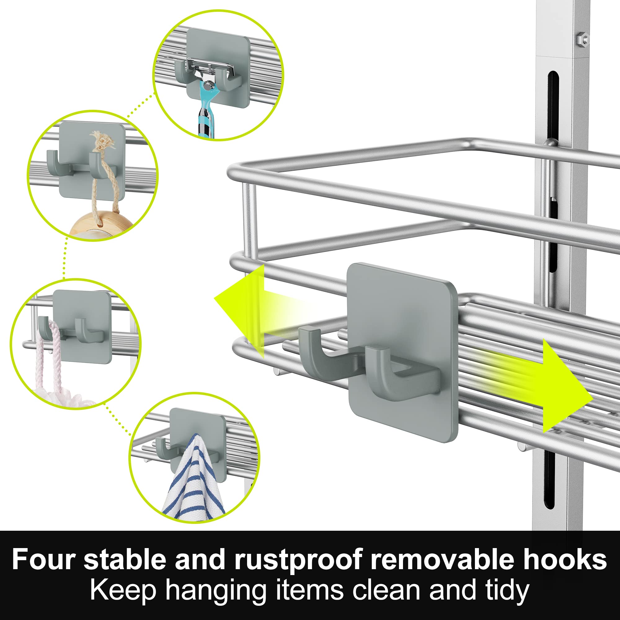Orimade Over The Door Shower Caddy Adjustable 5 Tier Silver Grey,Bathroom Hanging Organizer Shelf Rustproof With 4 Hooks,Shower
