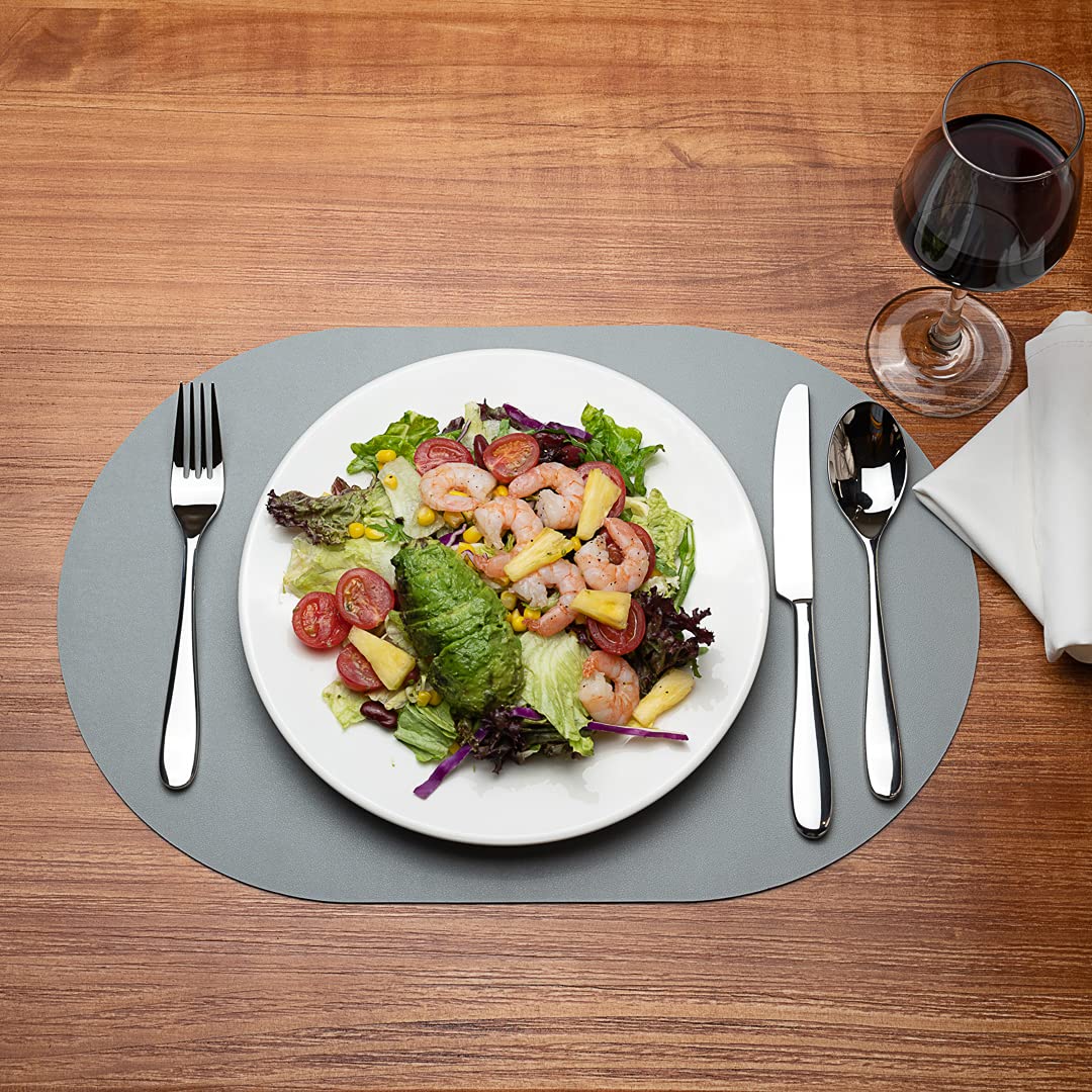 Restaurantware 16 Inch Table Placemats 6 Oval Vinyl Placemats - Embossed Stain-Resistant Gray Vinyl Placemats For Tables Leather