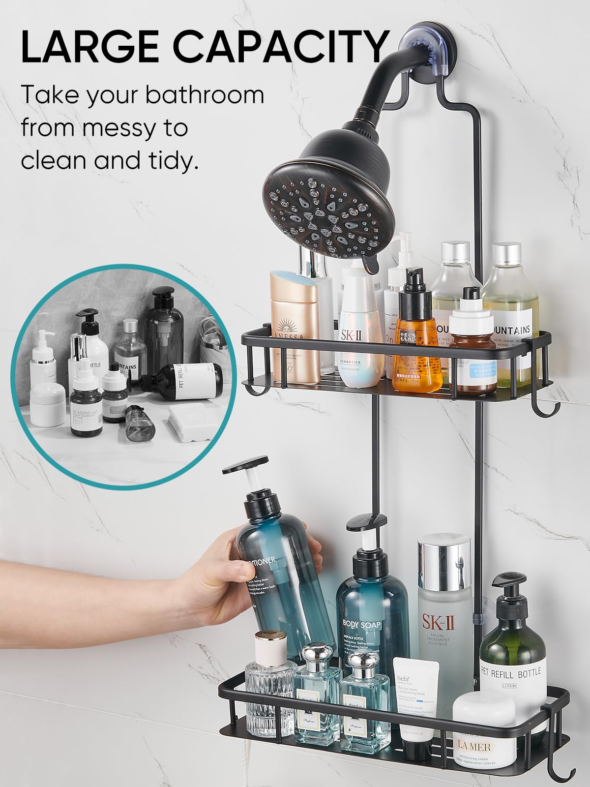 Cobbe Anti-Swing Shower Caddy Hanging With 4 Hooks For Towels/Sponge, No Drilling Bathroom Organizers And Storage Racks For Bath