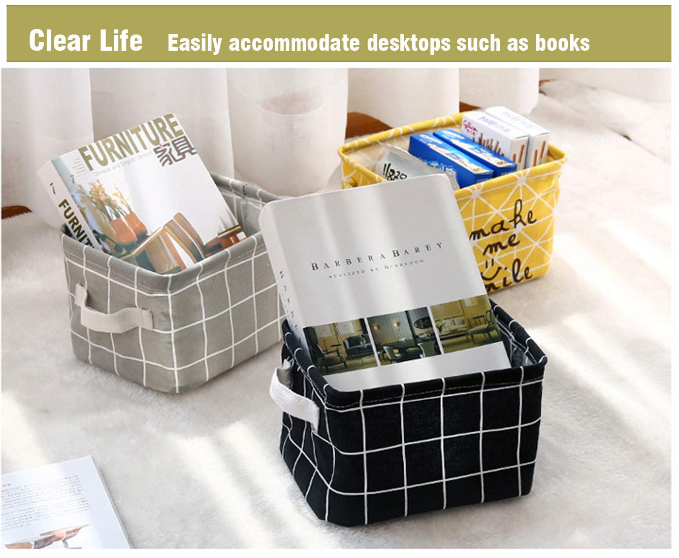 AARAINBOW 4 Packs Storage Basket Bins Canvas Mini Storage Cubes Storage Basket for Makeup  Toys Liners  Books Storage Baskets with Handles for Shelves & Desks (2Black+2Gray)