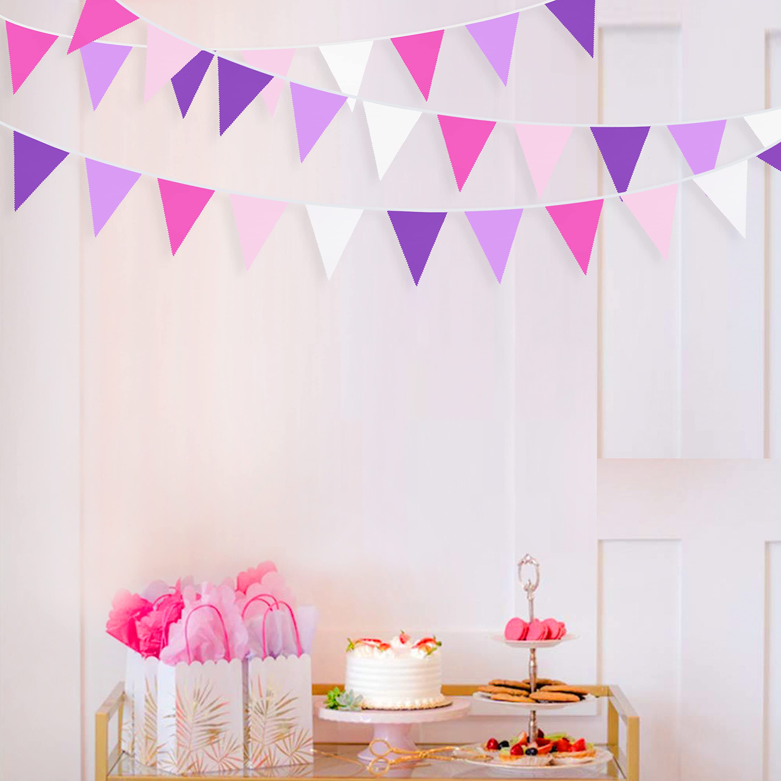 10M/32Ft Rose Pink Purple White Pennant Banner Fabric Triangle Flag Cotton Bunting Garland for Unicorn Birthday Wedding Anniversary Party Home Nursery Outdoor Garden Hanging Festivals Decoration