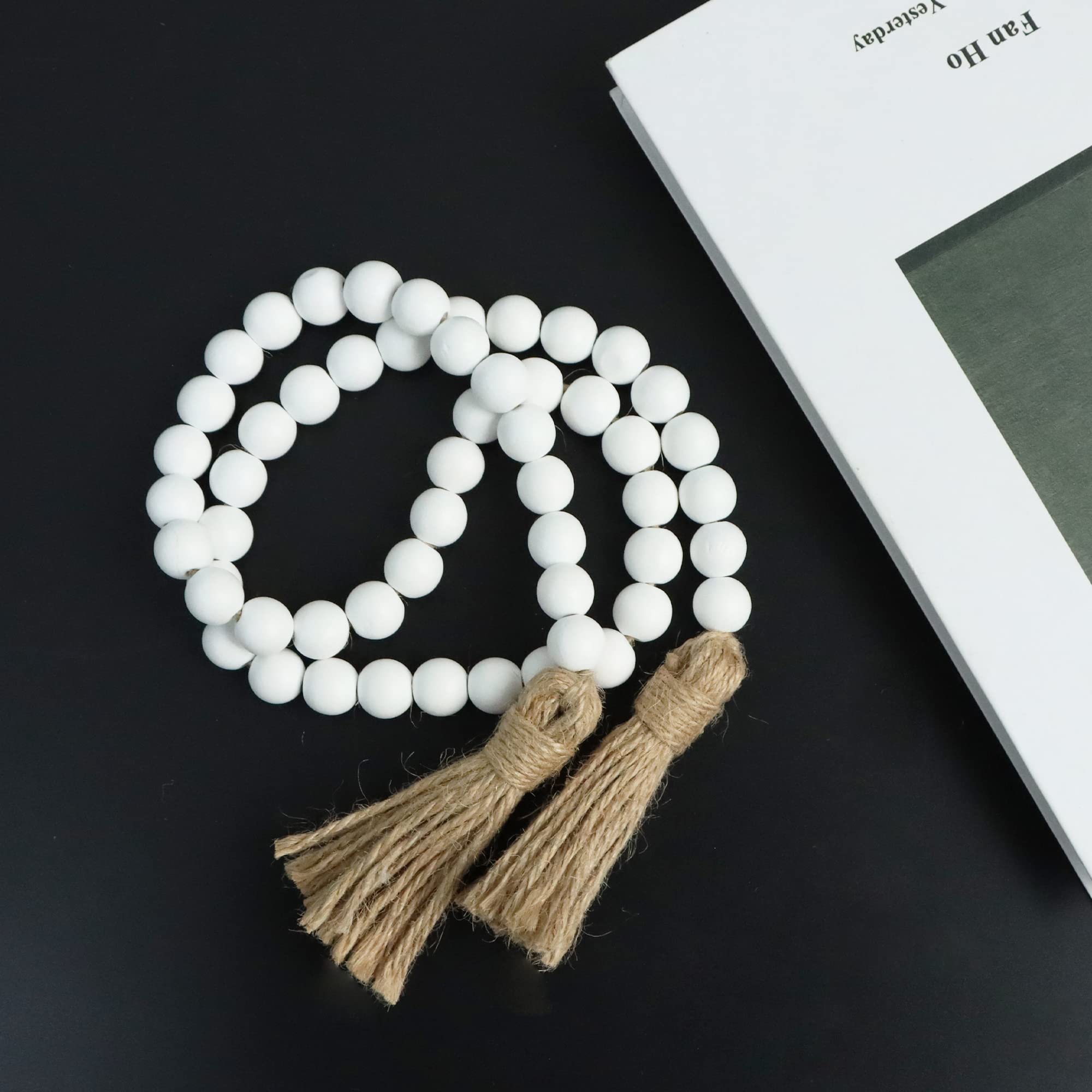 Meplait 39in Wood Bead Garland Farmhouse with Tassels,Versatile Prayer Beads Boho Chic Wall Hanging Home Decor (White)
