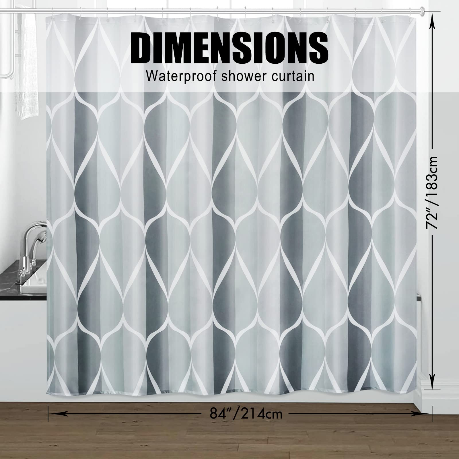 Gelbchu Grey Geometric Shower Curtain W 84 X H 72,Waterproof Design And Polyester,Quick-Drying, Weighted Hem, Extra Wide Size Sh