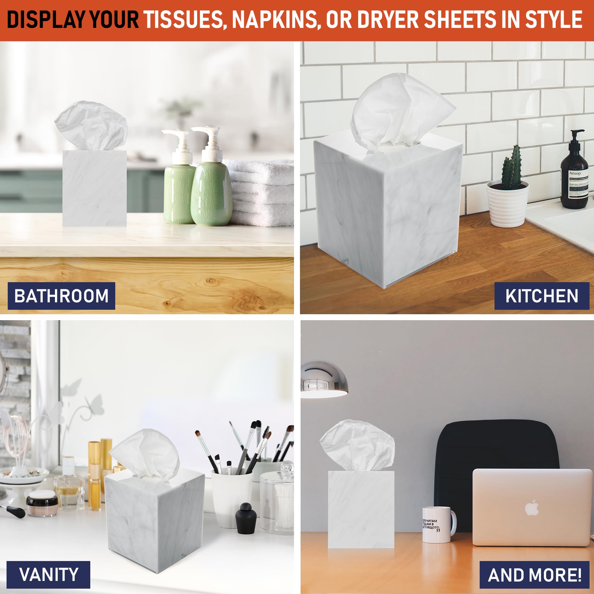 Acrylic Tissue Box Holder  Square Tissue Box Dispenser for Facial Tissue  Napkins  Dryer Sheets. Perfect for Bathroom  Desks  Countertop  Vanity  Bedroom Dressers  Night Stands (Square  Marble)