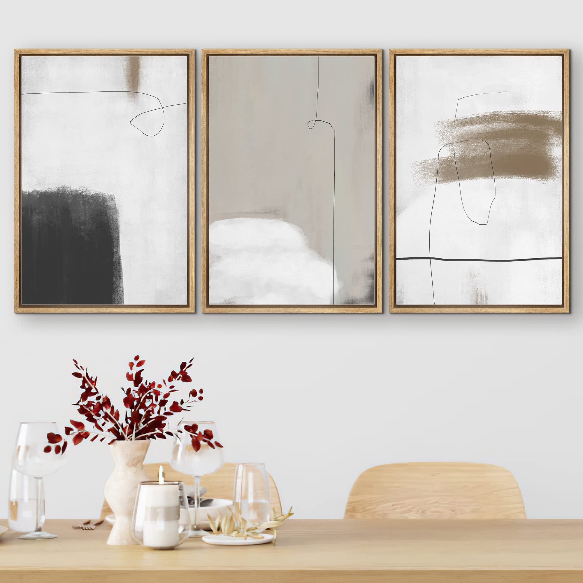 Signford Framed Canvas Print Wall Art Set Grunge Dark Watercolor Paint Stroke Abstract Shapes Illustrations Modern Art Bohemian