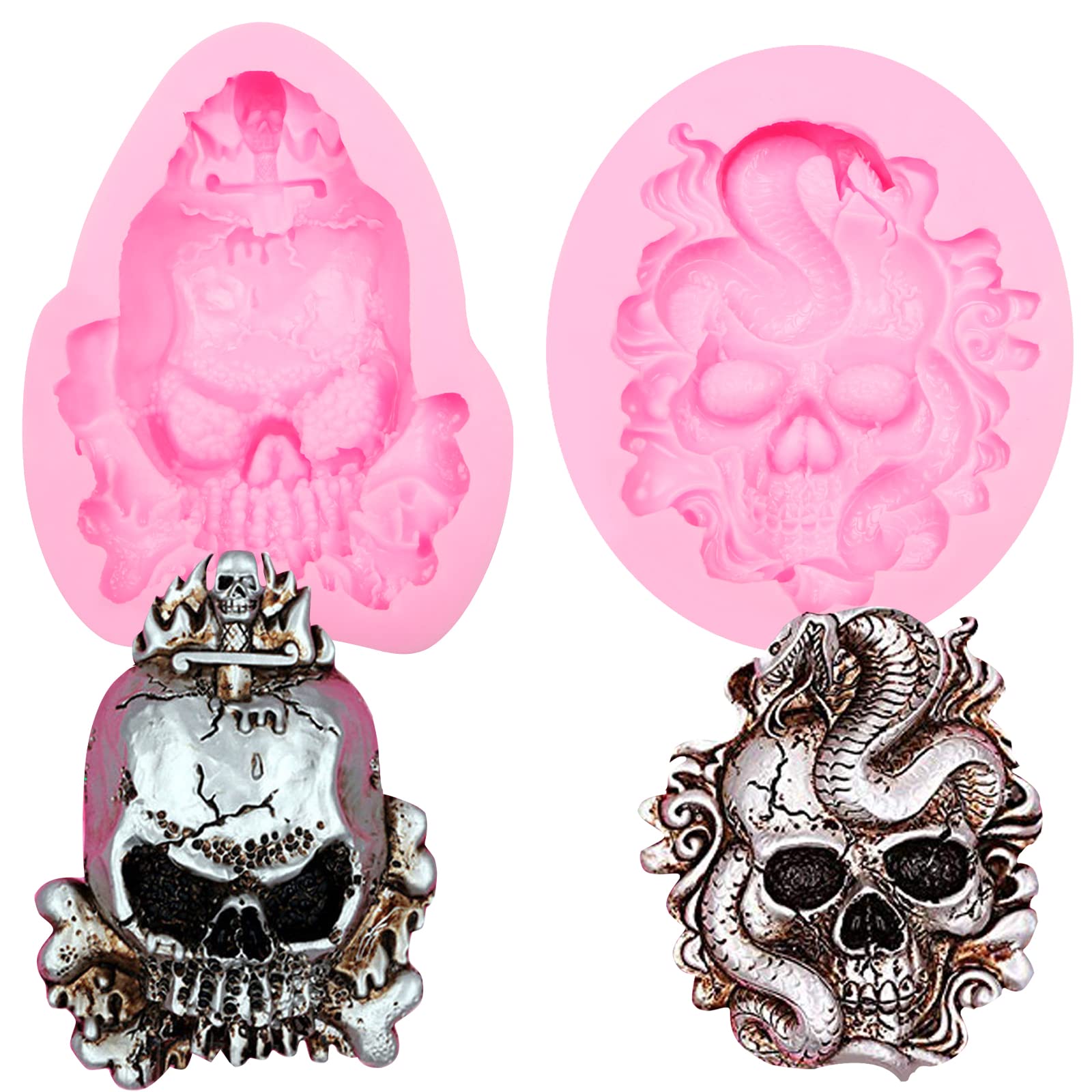 Halloween Snake Skull Fondant Moulds 2 Pcs, Chocolate Silicone Mold For Diy Cupcake Topper, Cake Decoration