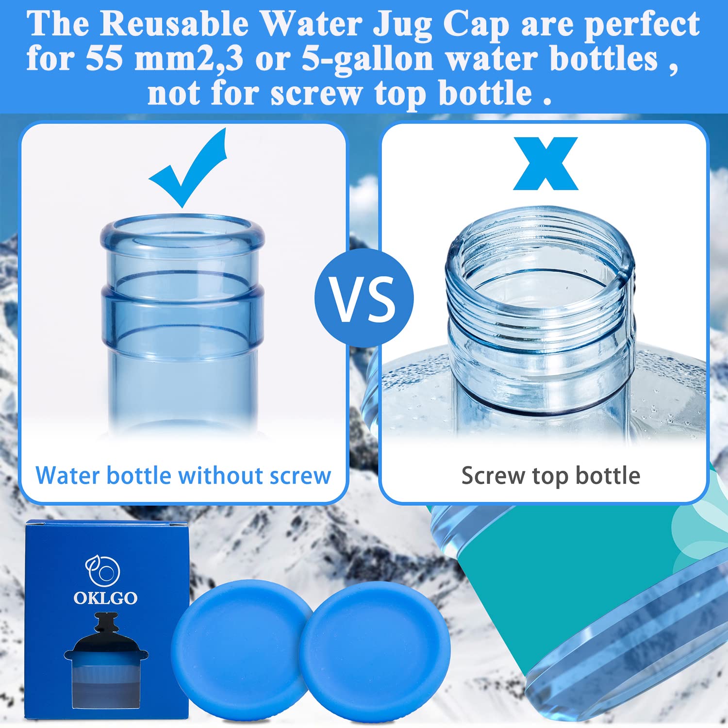 3 & 5 Gallon Water Jug Caps Reusable - Non-Spill 55mm Water Bottle Caps Silicone Replacement Cap Lids Anti Splash 3 Pack Leak Free