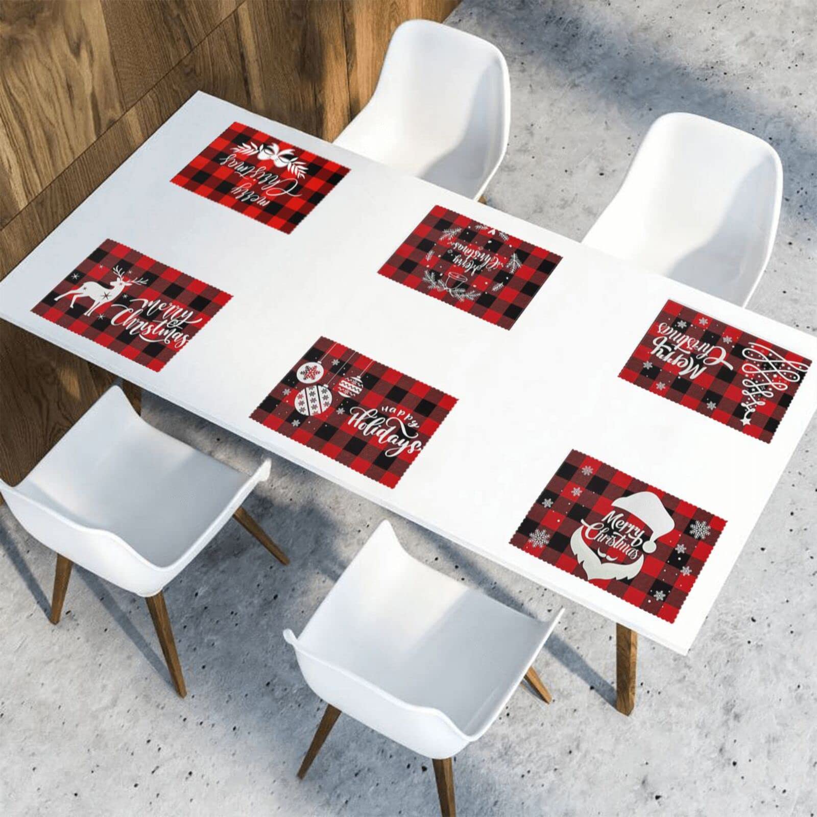 Christmas Placemats Set of 6 for Christmas Dining Table Snowflake Santa Deer Christmas Tree Xmas Placemats 12x18 Inch Washable Table Mats for Christmas Party Decoration