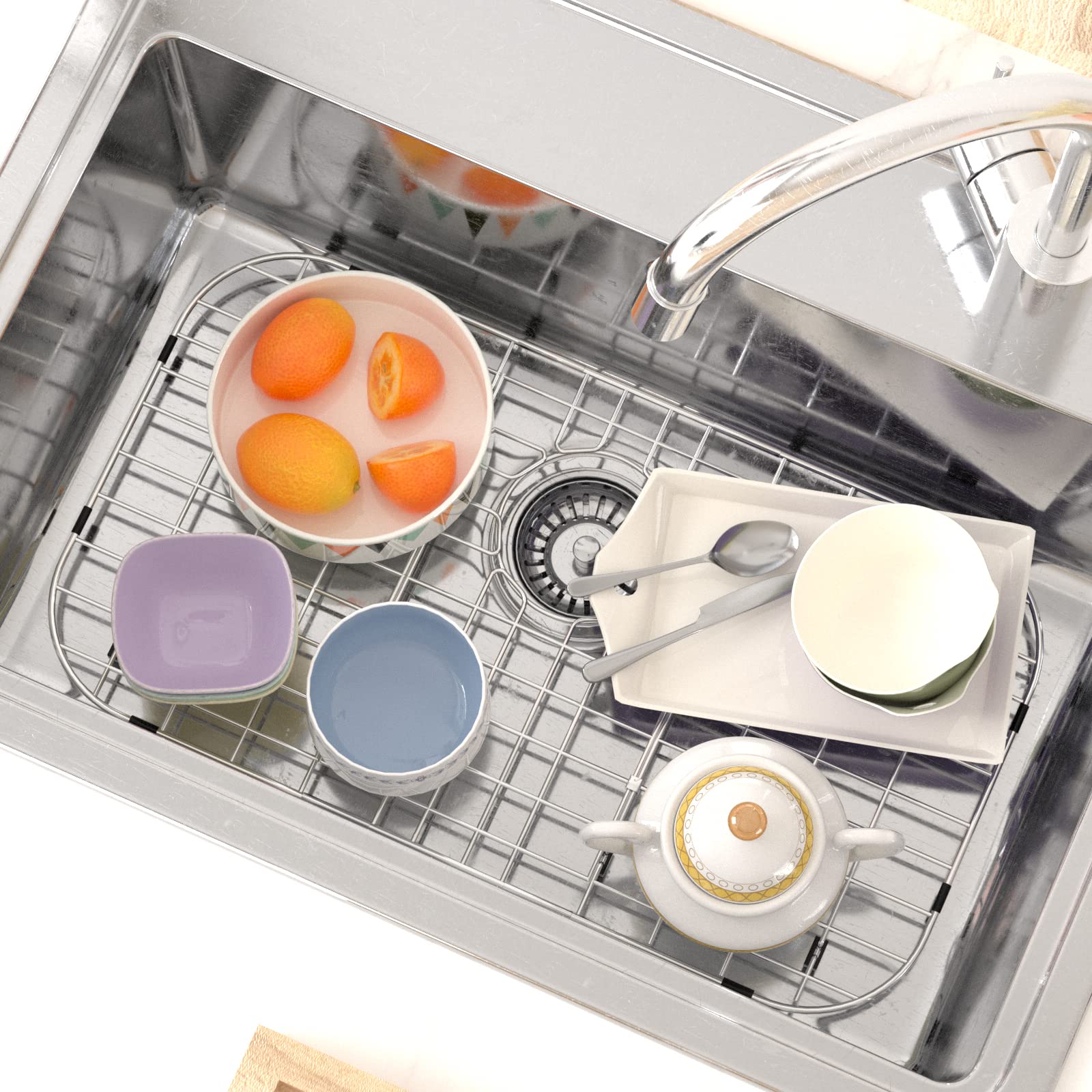 SANNO Sink Grid Sink Protector Grid 26'' L X 14'' W Kitchen Sink Protector Bottom Grid with Corner Radius Rear Drain Hole  304 Stainless Steel for Kitchen Sink Grate