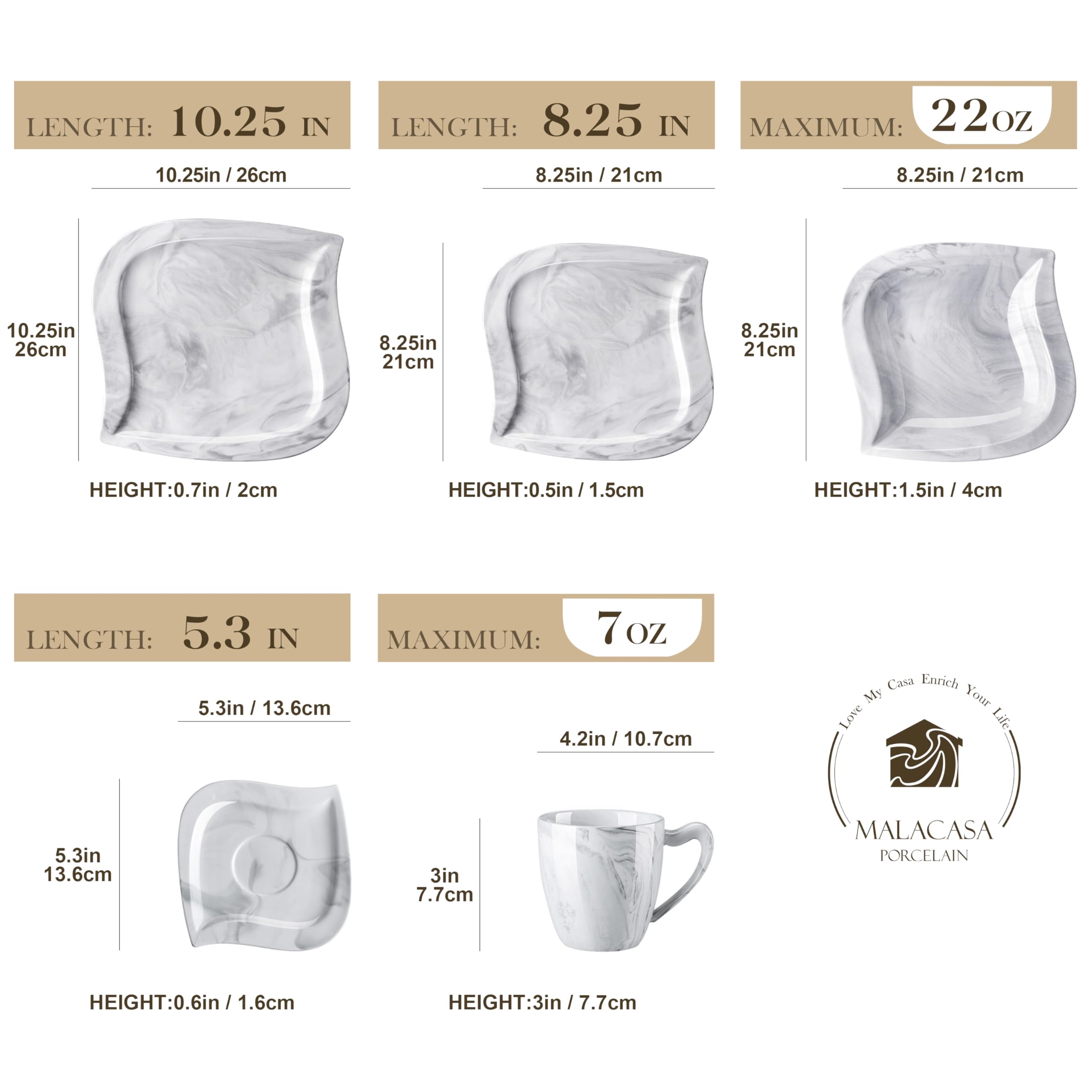 MALACASA Dinnerware Sets for 6, 30 Piece Porcelain Plates and Bowls Sets, Marble Dish Set with Plates and Bowls, Cup and Saucer,