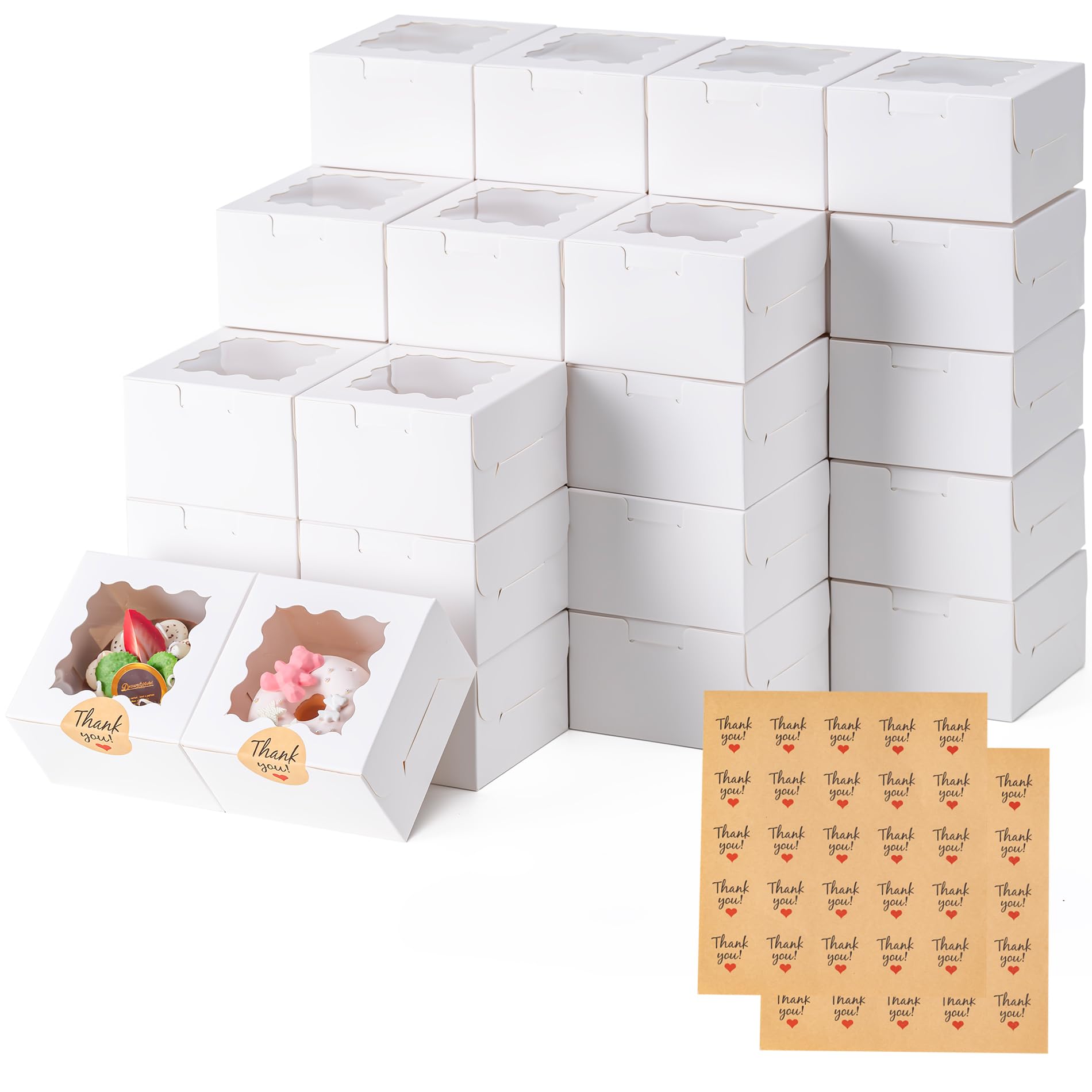 50pcs Cookie Boxes with Window, 4x4x2.5 Inches Bakery Boxes with 50pcs Stickers for Cookies, Bakery, Desserts, Candy, Chocolate 