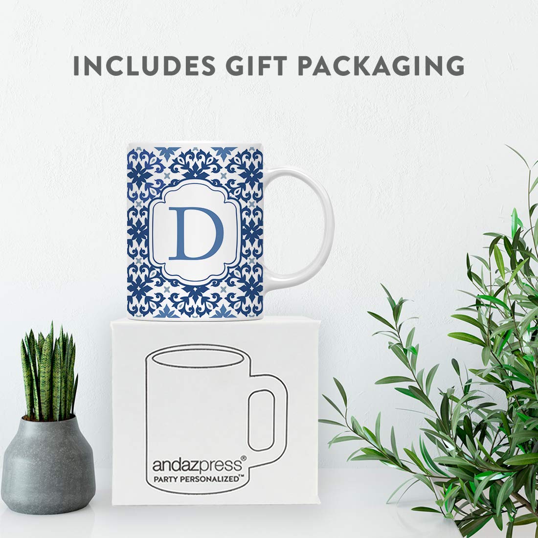 Andaz Press 11oz. Ceramic Coffee Tea Mug Gift, Moroccan Monogram Initial Letter D, 1-Pack, for Her, Birthday Christmas Ideas, Mo