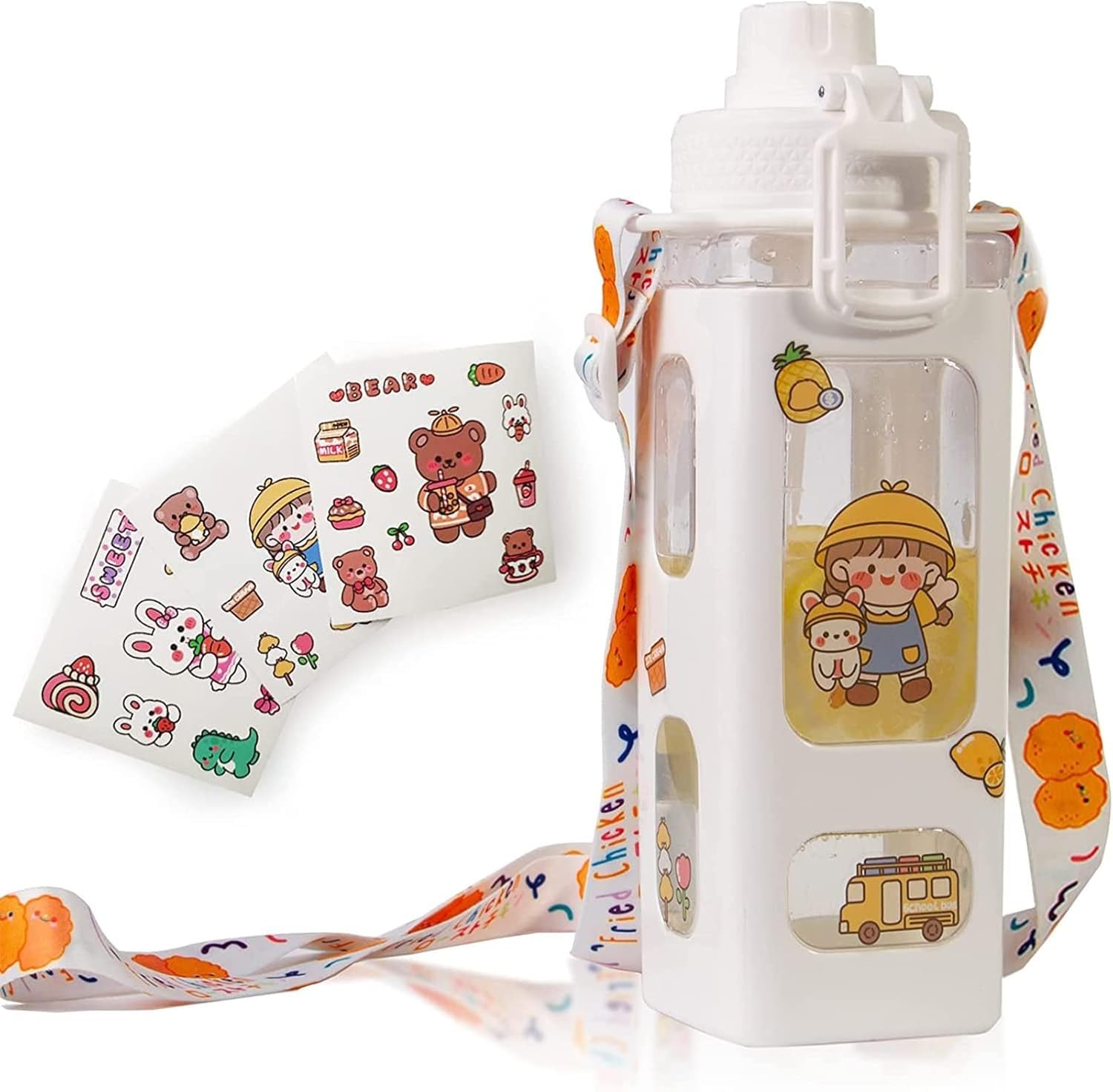 Garihc Enterprise Kawaii Water Bottle With Printed Cute Belt Straw And Sticker,Bottle Cleaner Brush,700Ml Sport Plastic Leakproo