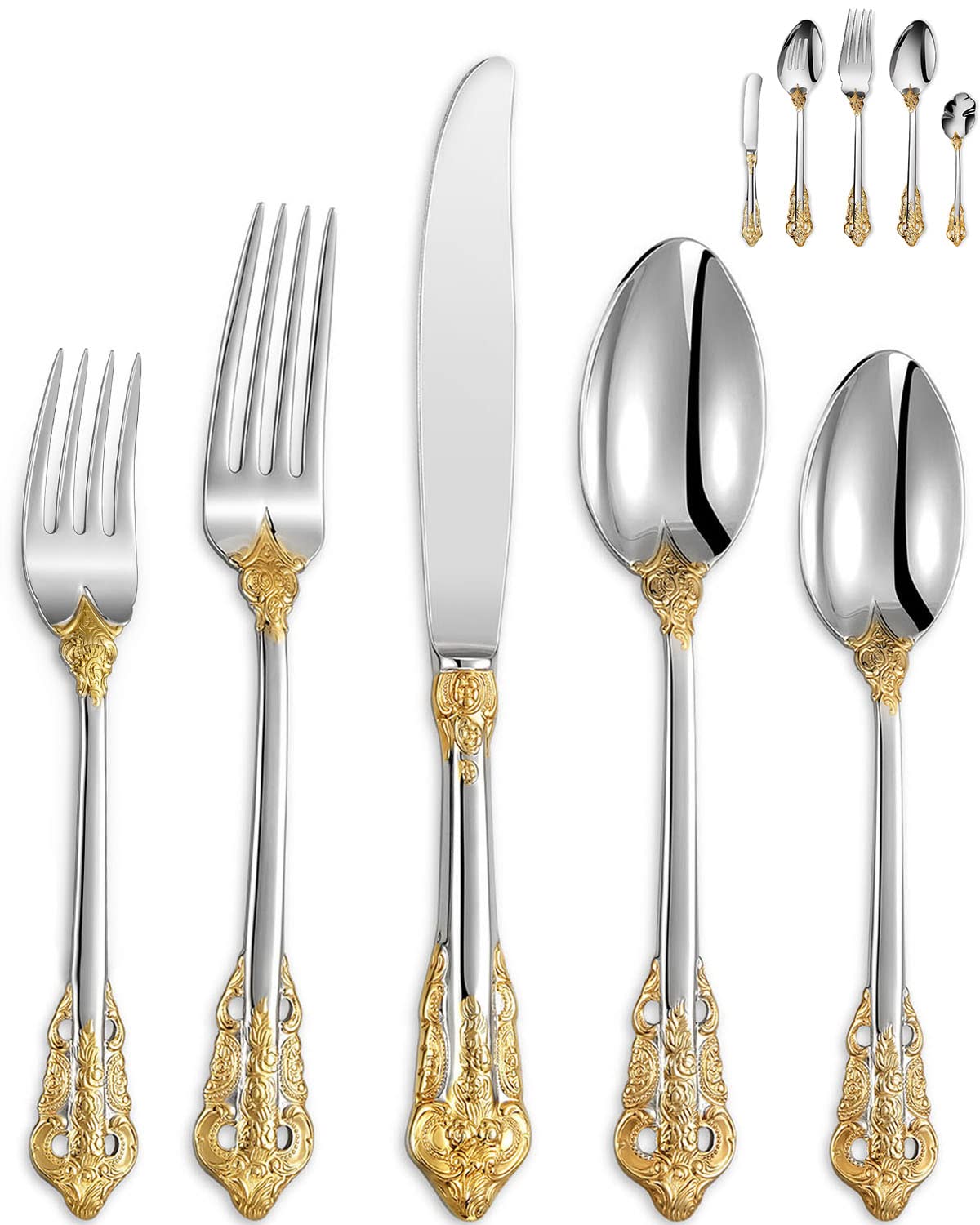 Keawell Luxury 45 Pieces 18/10 Stainless Steel Flatware Set, Service For 8, Silver Plated With Gold Accents, Fine Silverware Set