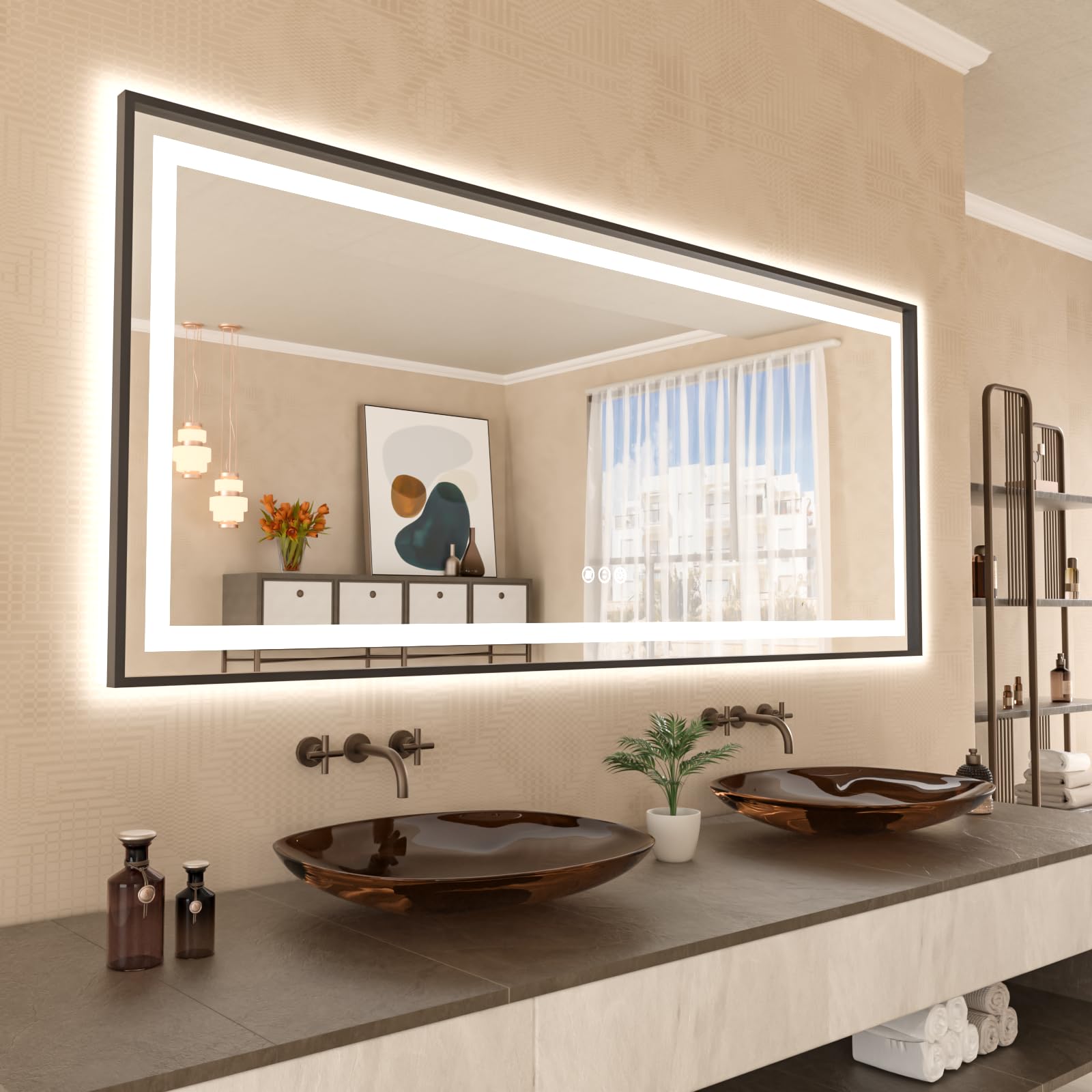 Amorho 88''X 38'' Led Bathroom Mirror Framed, Front Light And Backlit, Stepless Dimmable, Anti-Fog, Shatter-Proof, Memory, 3 Col