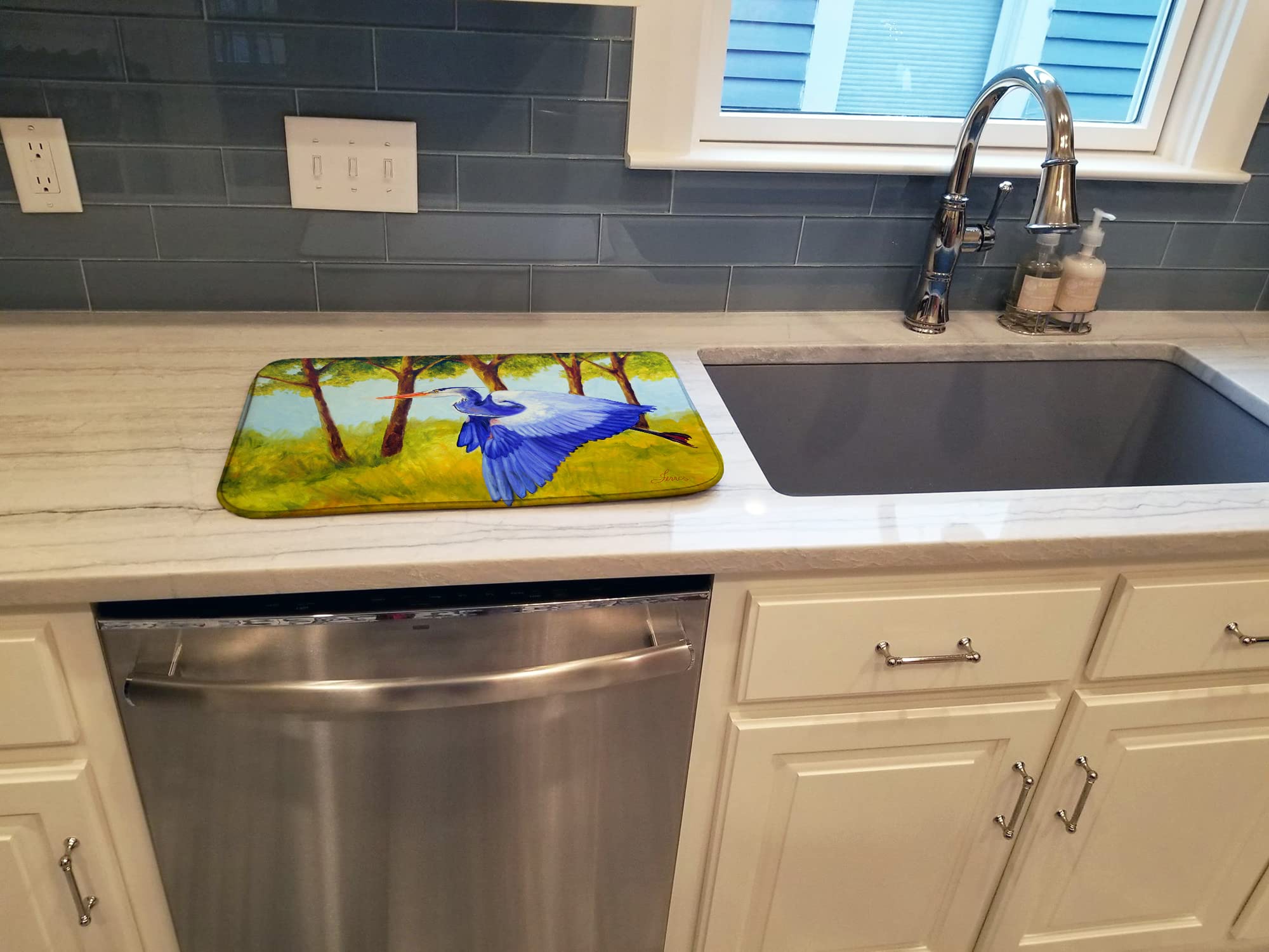 Fyling Heron by Ferris Hotard Dish Drying Mat