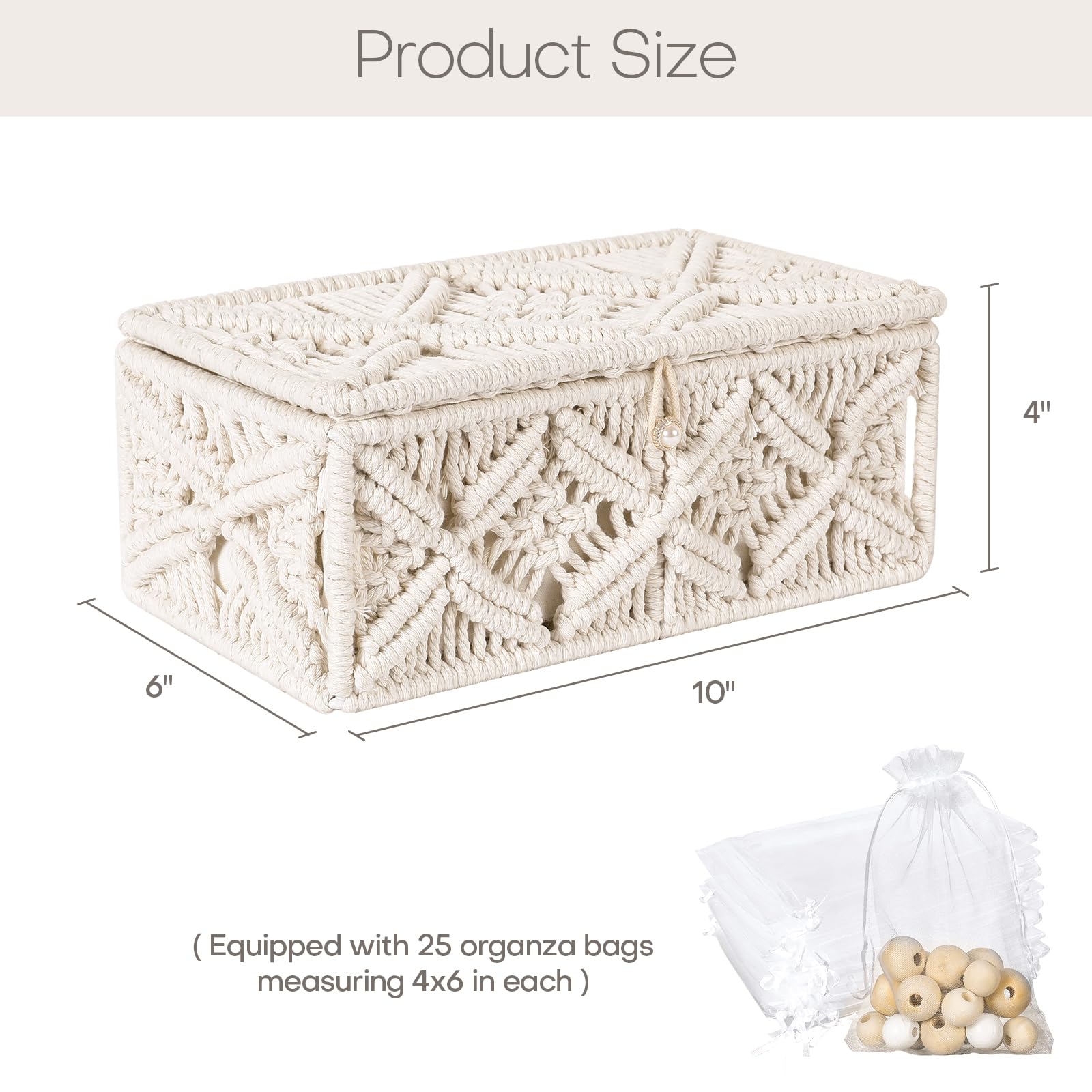 Anminy Macrame Storage Basket With Lid & 25Pcs Organza Gift Bags Bohemian Jewelry Box Handmade Woven Natural Cotton Rope Lidded