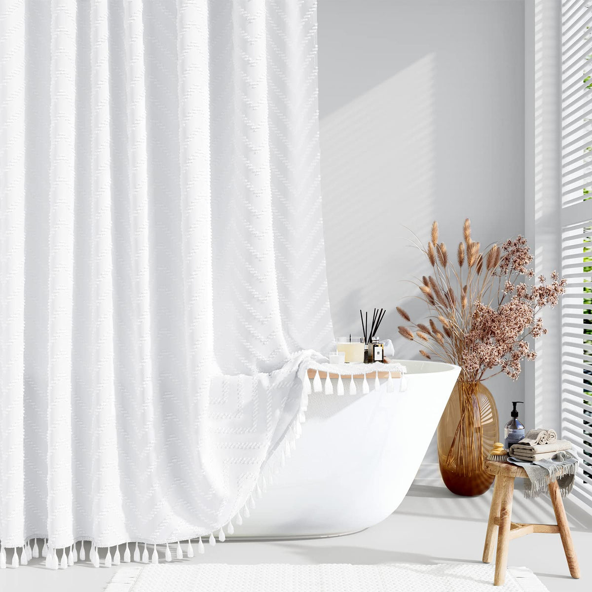 Dynamene Stall Fabric Shower Curtain, 36X72 Inch Half Boho Tufted Chevron Striped Small Cloth Shower Curtains For Bathroom, Narr