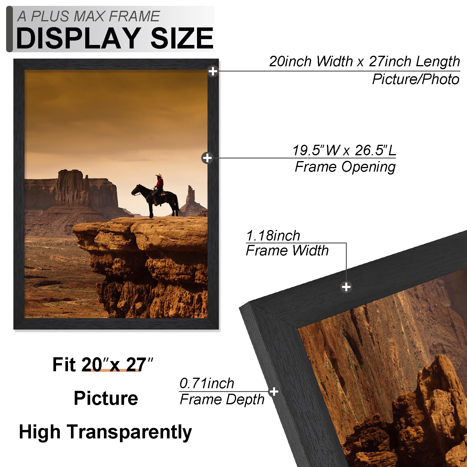 A PLUS MAX 20x27 Frame, Black Engineered Wood Picture Frame for 20 x 27 Inch Puzzle Poster Photo, Light Weight 20 by 27 Poster F