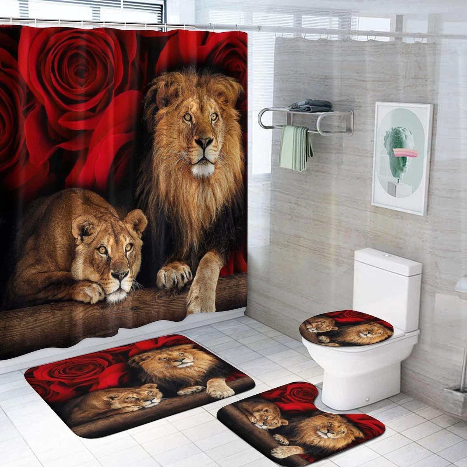 Jieprom 4Pcs Red Rose And Lion Shower Curtain Bathroom Set With Rugs, Toilet Lid Cover And Bath Mat, Red Shower Curtain With 12